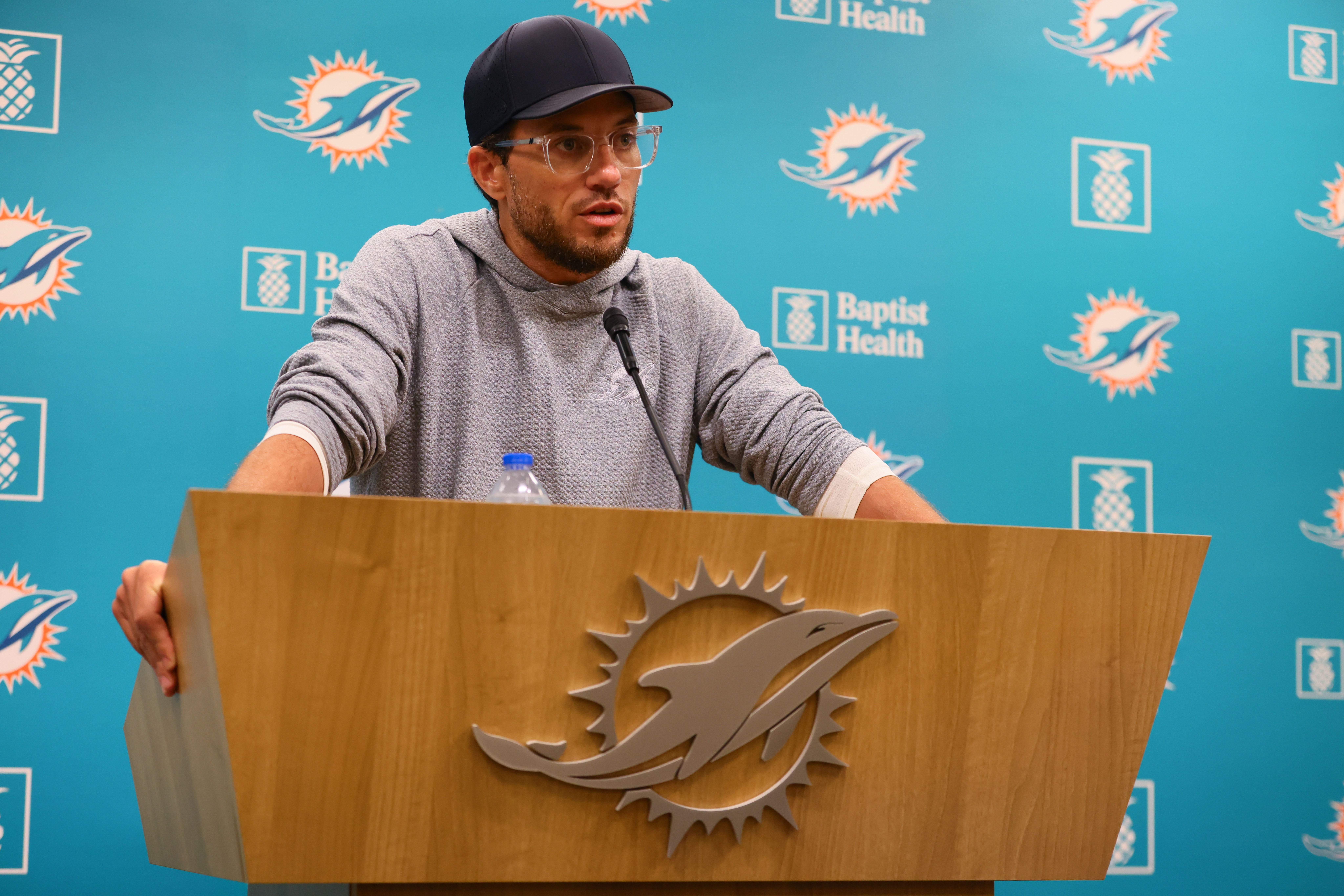 Jul 24, 2024; Miami Gardens, FL, USA; Miami Dolphins head coach Mike McDaniel talks to reporters during training camp at Baptist Health Training Complex.