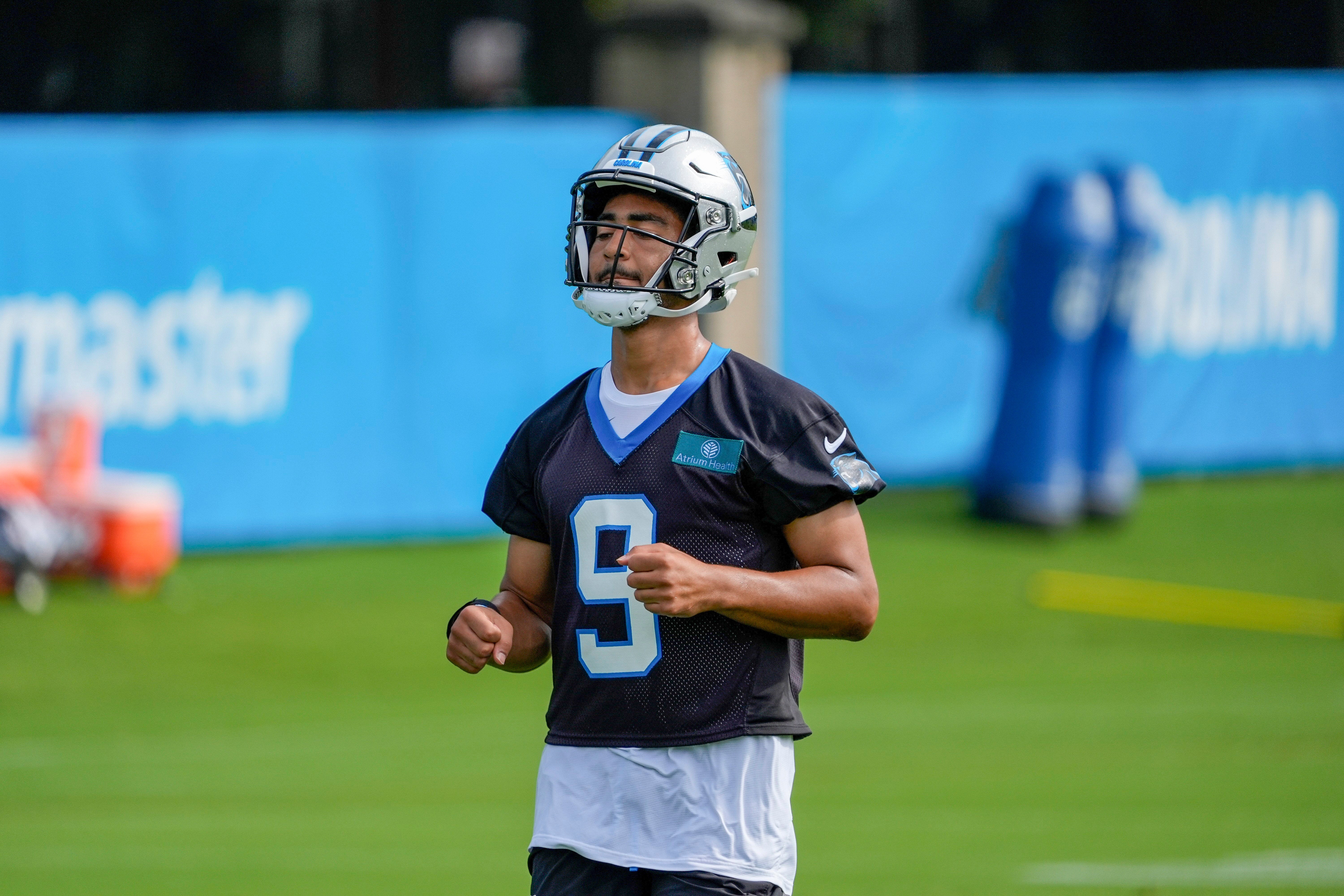 Jul 24, 2024; Charlotte, NC, USA; Carolina Panthers quarterback Bryce Young (9) at Carolina Panthers Practice Fields. Mandatory Credit: Jim Dedmon-USA TODAY Sports