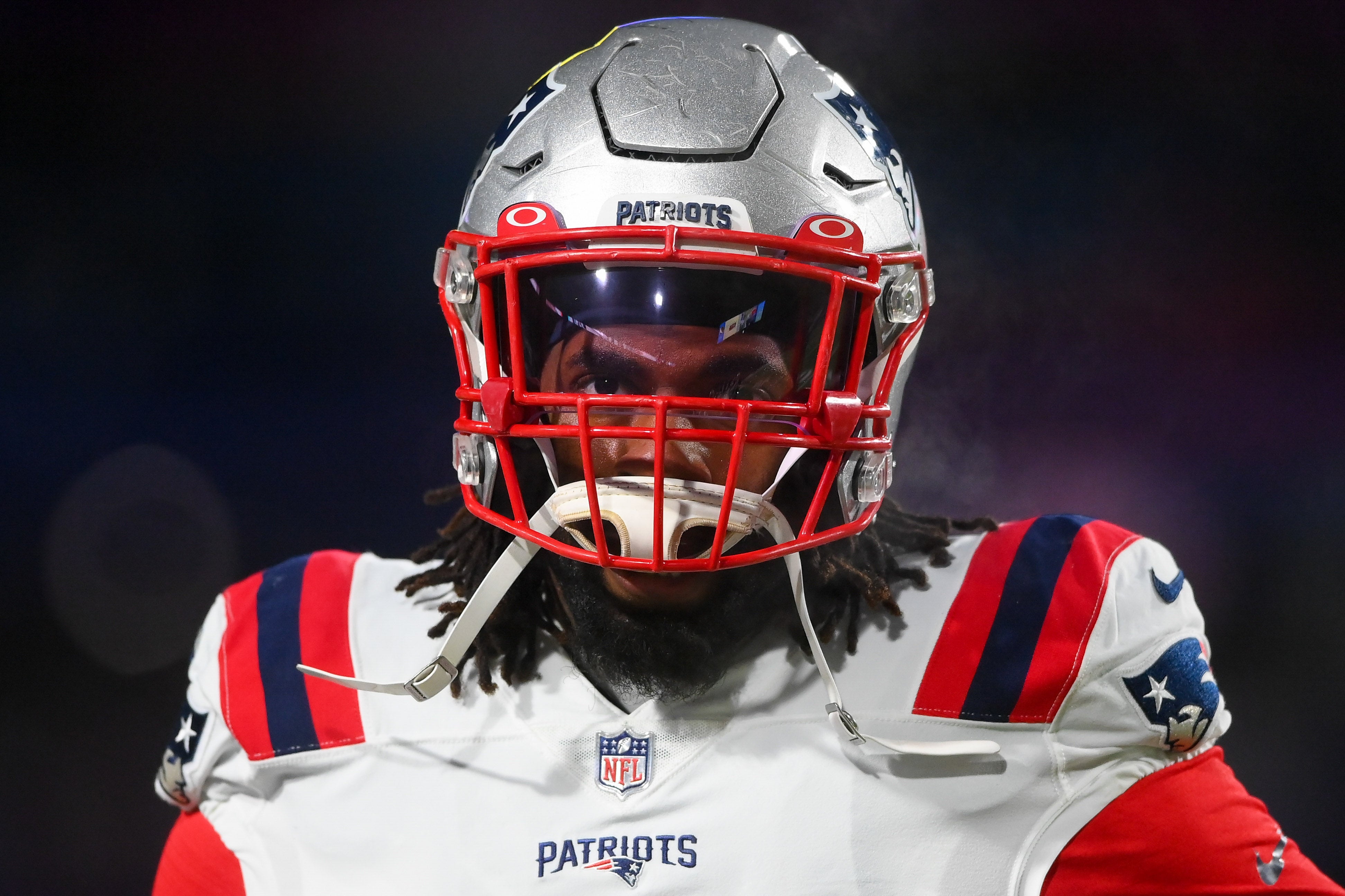 Jan 15, 2022; Orchard Park, New York, USA; New England Patriots outside linebacker Matt Judon (9) looks on prior to an AFC Wild Card playoff football game against the Buffalo Bills at Highmark Stadium. Mandatory Credit: Rich Barnes-USA TODAY Sports