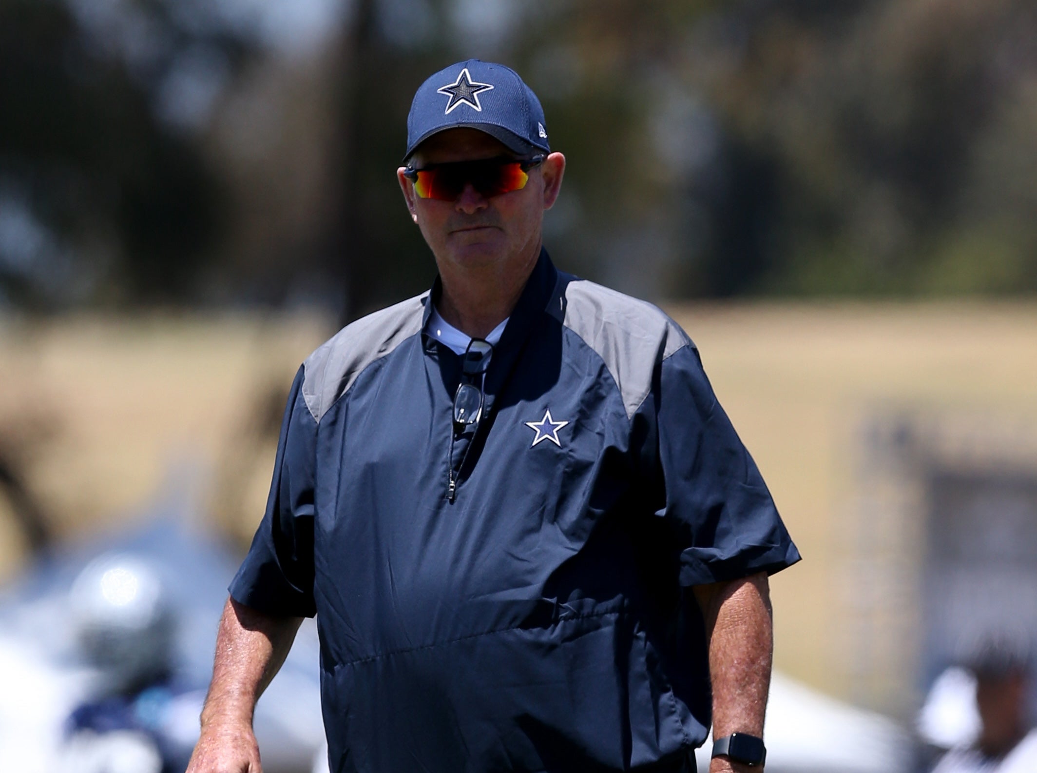 Dallas Cowboys defensive coordinator Mike Zimmer during training camp at the River Ridge Playing Fields in Oxnard, California.