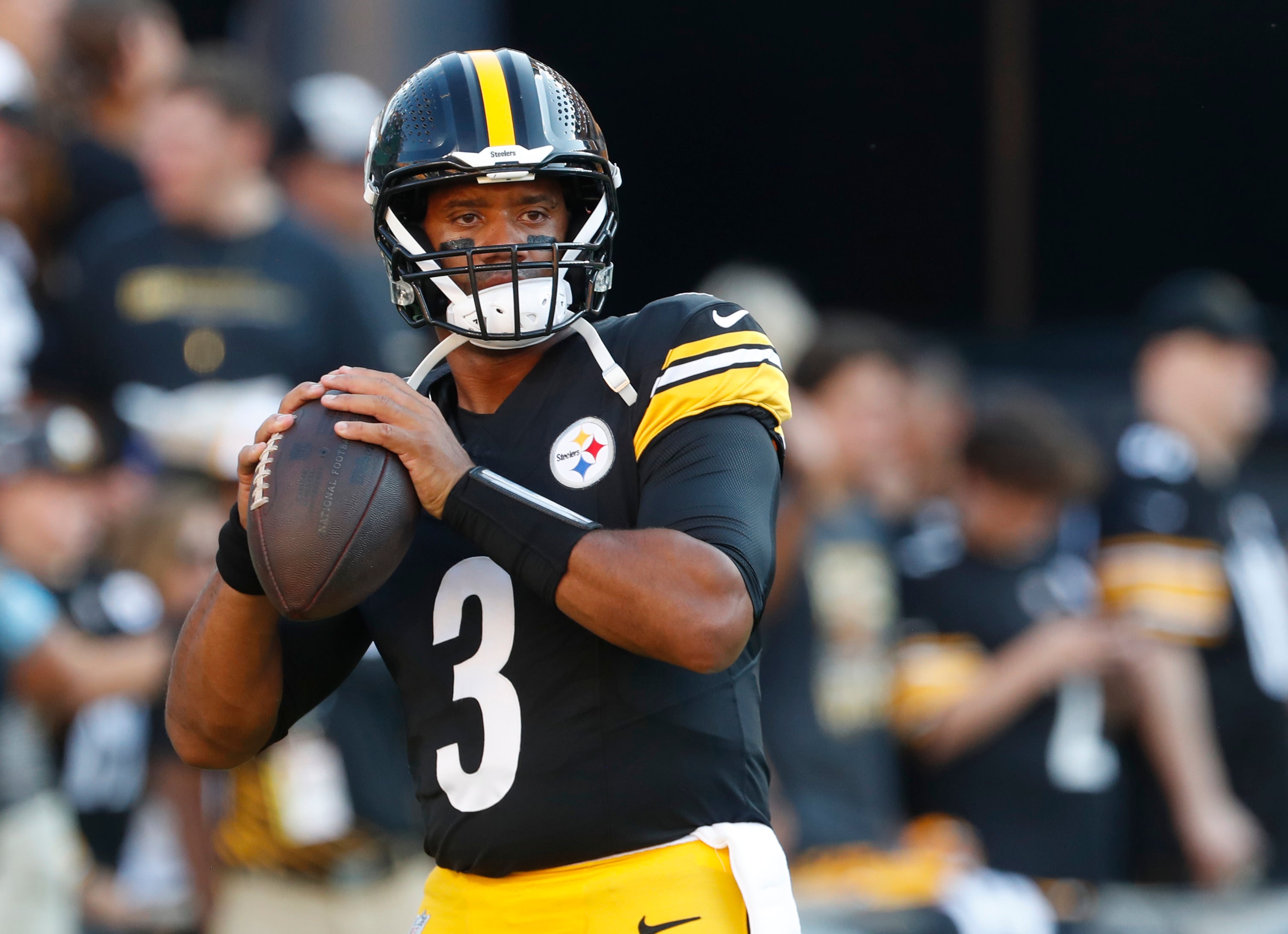 Aug 9, 2024; Pittsburgh, Pennsylvania, USA; Pittsburgh Steelers quarterback Russell Wilson (3) warms up before playing the Houston Texans at Acrisure Stadium. Mandatory Credit: Charles LeClaire-USA TODAY Sports
