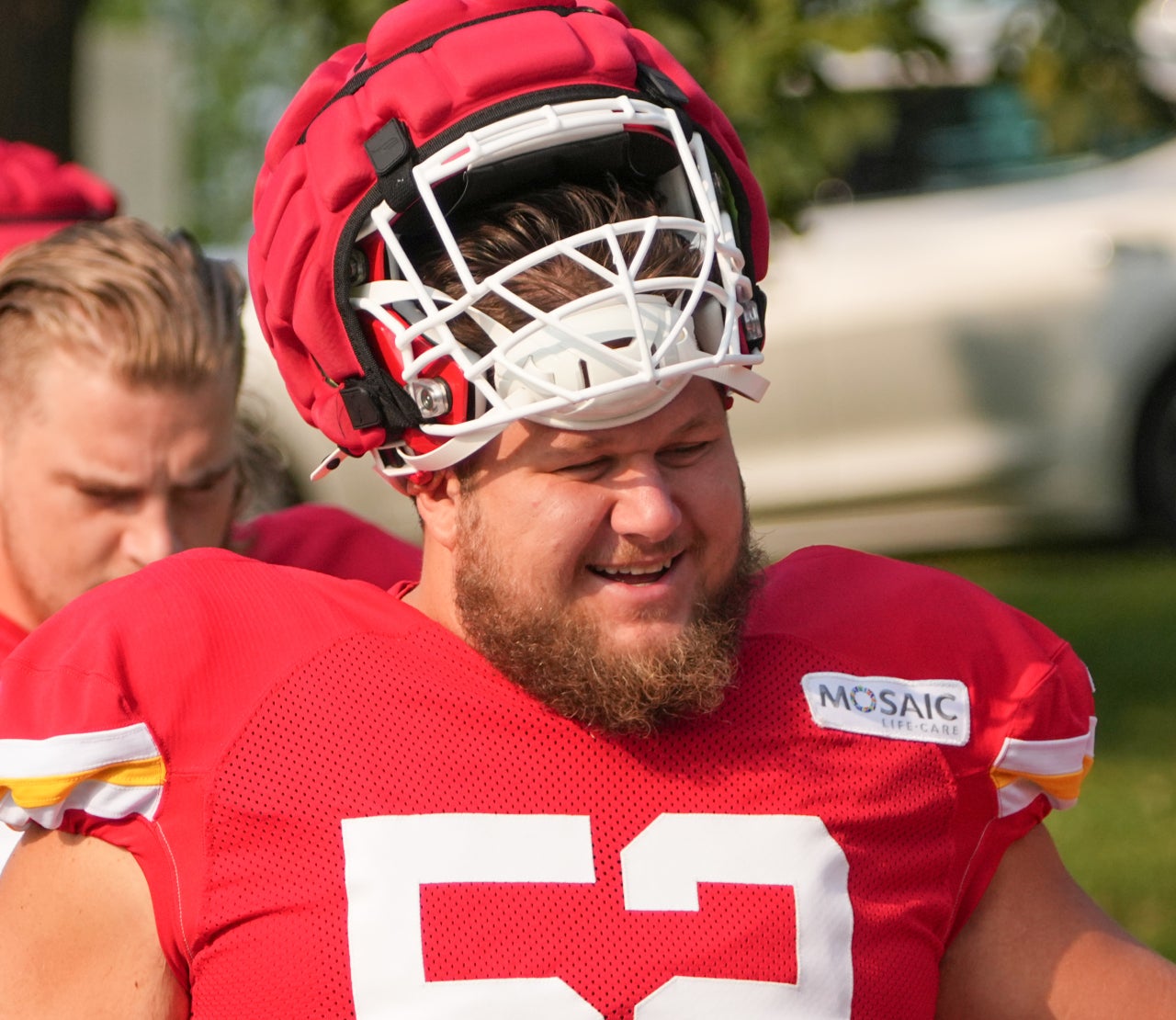 Jul 26, 2024; Kansas City, MO, USA; Kansas City Chiefs center Creed Humphrey (52) walks from the locker room to the fields prior to training camp at Missouri Western State University.