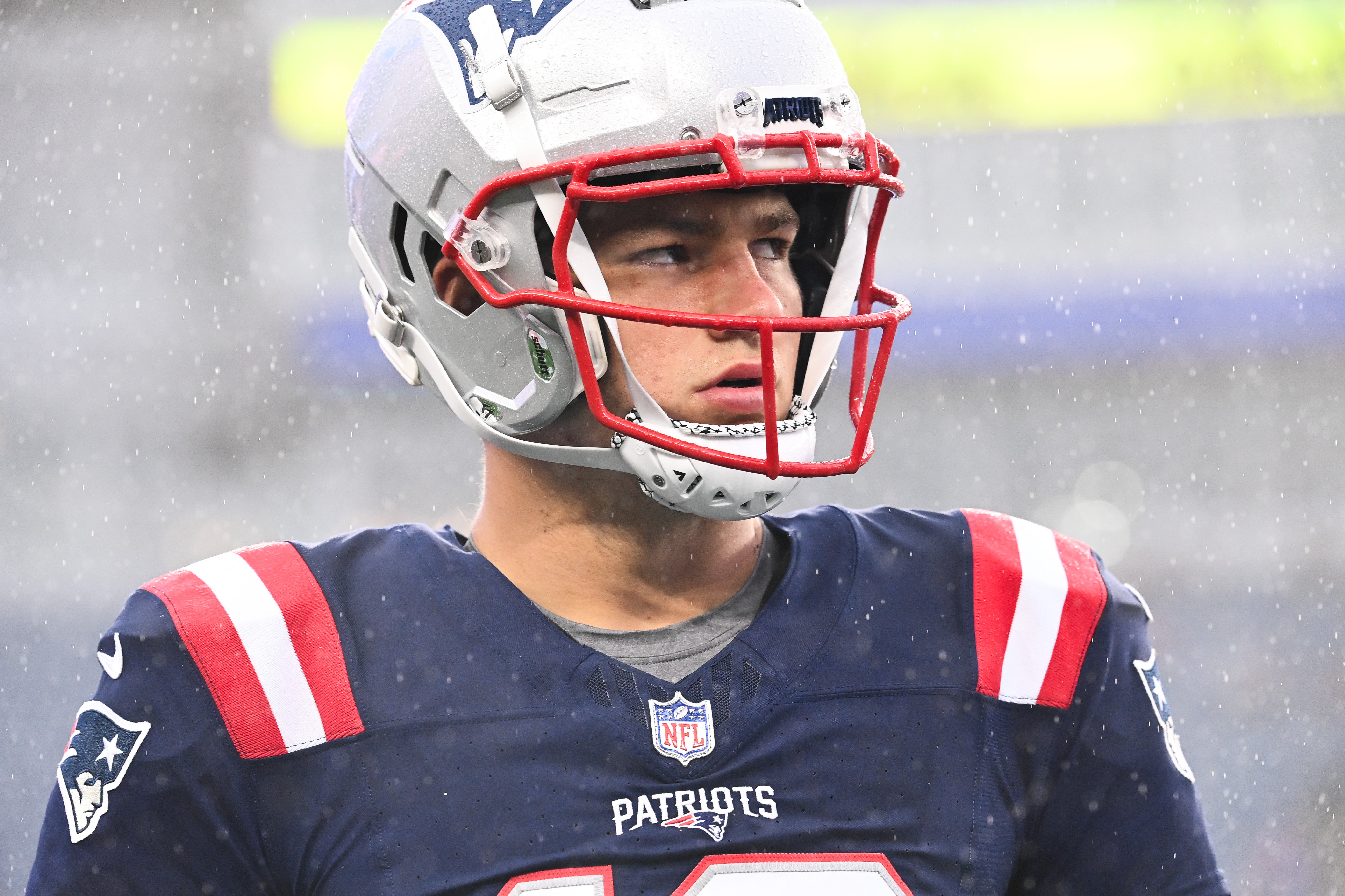 August 8, 2024; Foxborough, MA, USA; New England Patriots quarterback Drake Maye (10) warms up before a game against the Carolina Panthers at Gillette Stadium