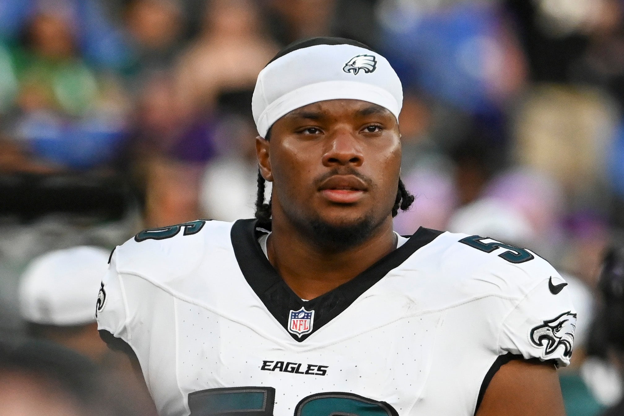 Philadelphia Eagles guard Tyler Steen (56) stands on the sidelines during the first half of a preseason game against the Baltimore Ravens at M&T Bank Stadium.