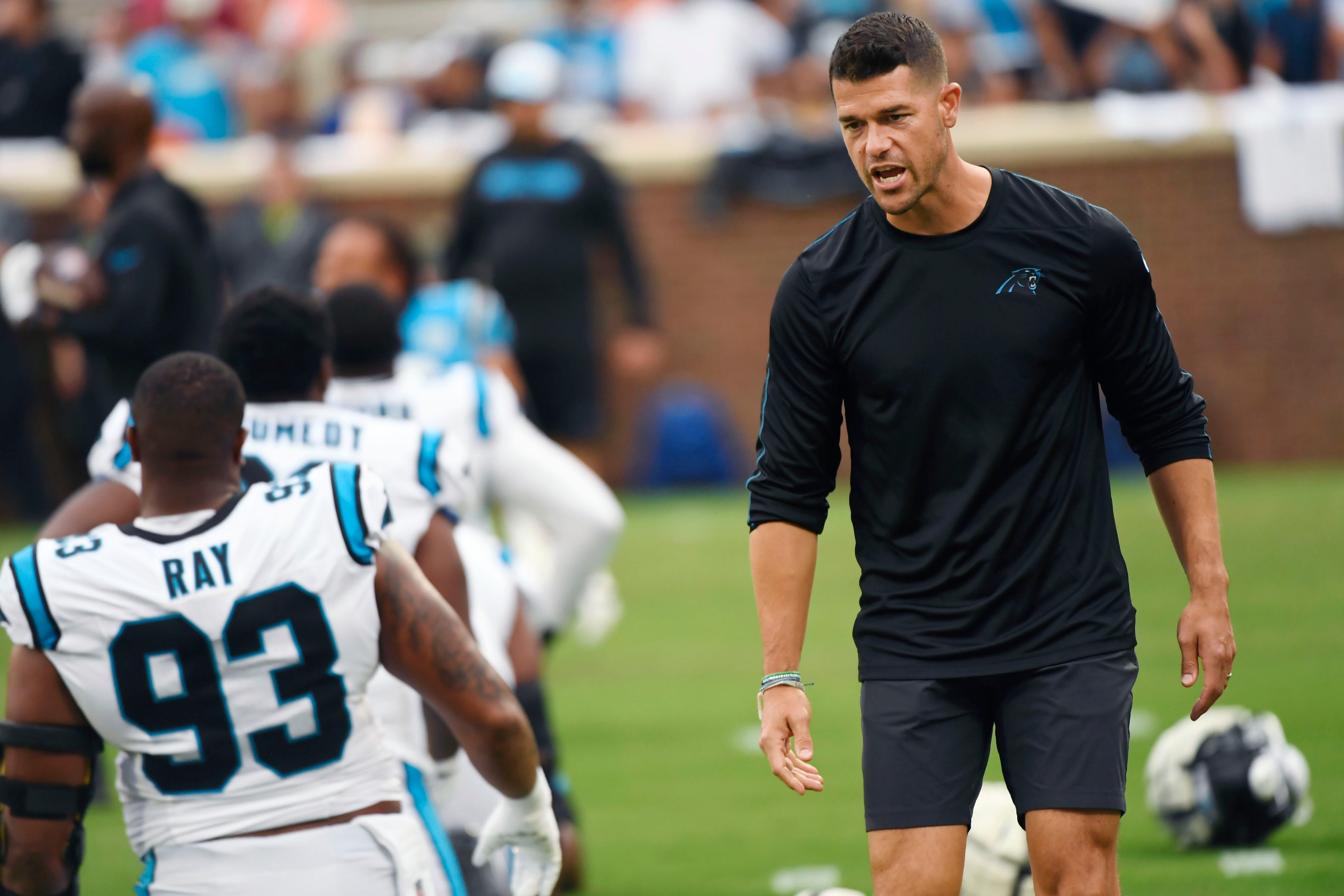 Carolina Panthers head coach, Dave Canales, on the field at Memorial Stadium during the Panthers Fan Fest in Clemson, S.C., on Thursday, Aug. 1, 2024.