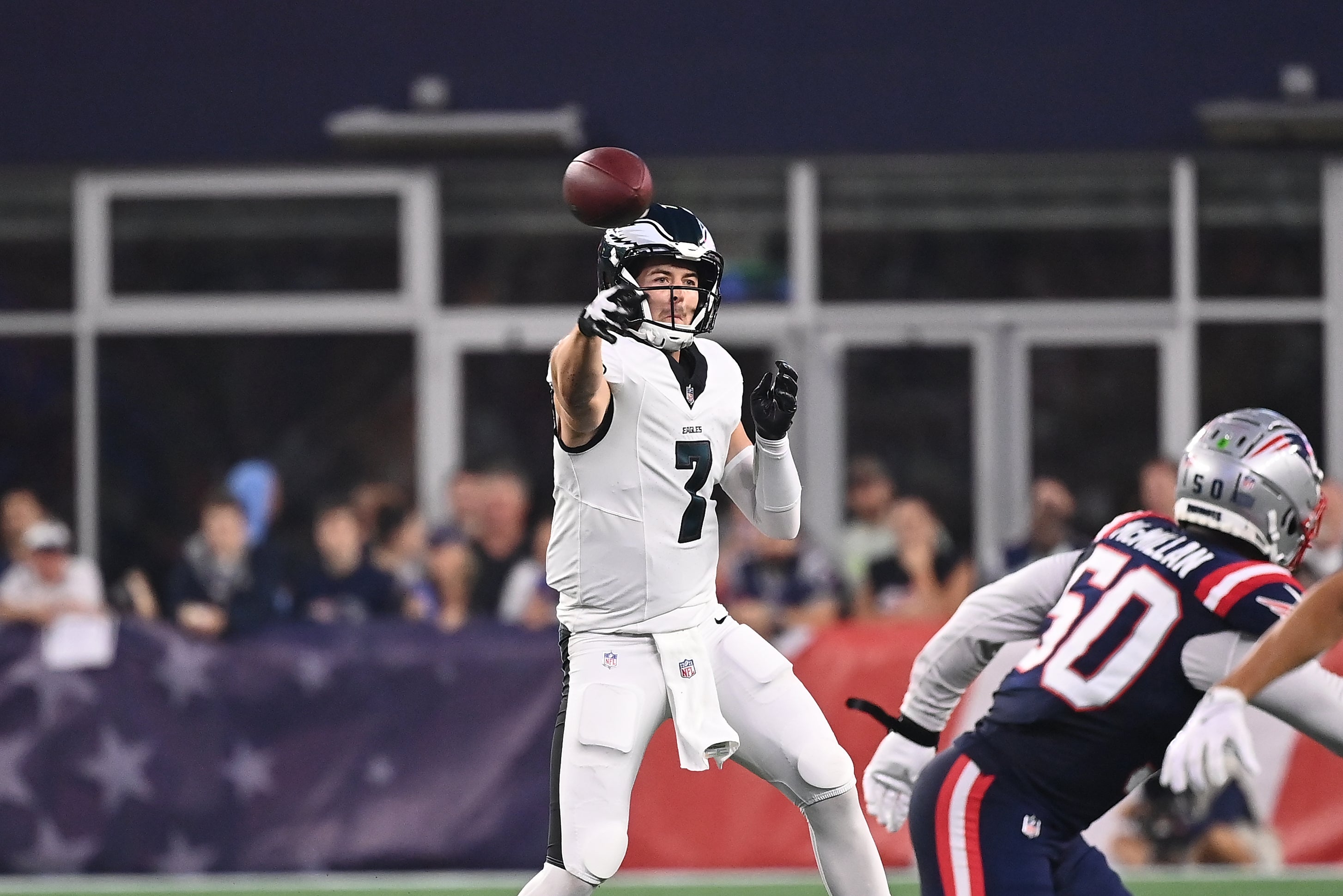 Philadelphia Eagles quarterback Kenny Pickett (7) throws a pass against the Philadelphia Eagles during the first half at Gillette Stadium.