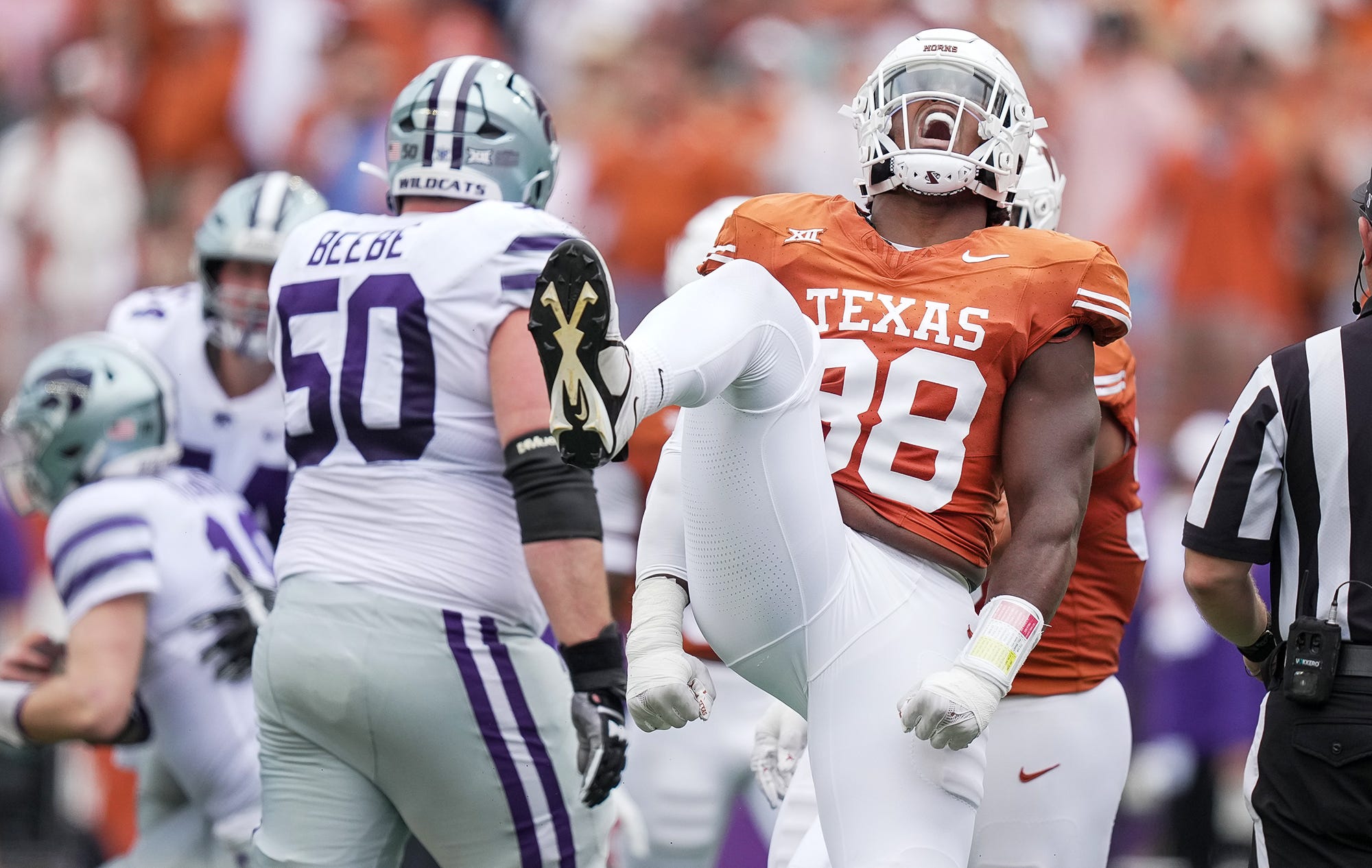 Barryn Sorrell celebrates a sack against Kansas State
