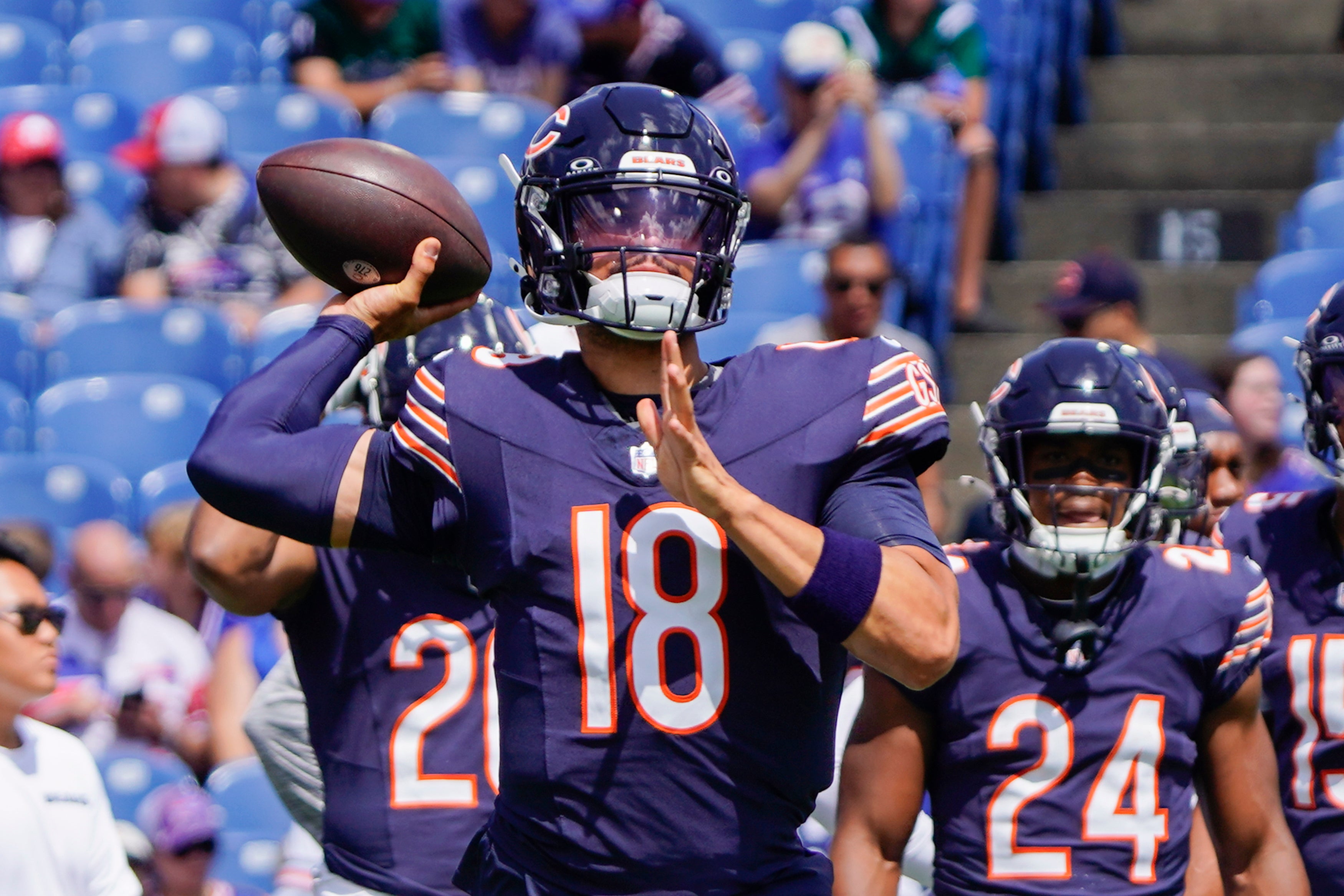 Aug 10, 2024; Orchard Park, New York, USA; Chicago Bears quarterback Caleb Williams (18) warms up prior to the game against the Buffalo Bills at Highmark Stadium.