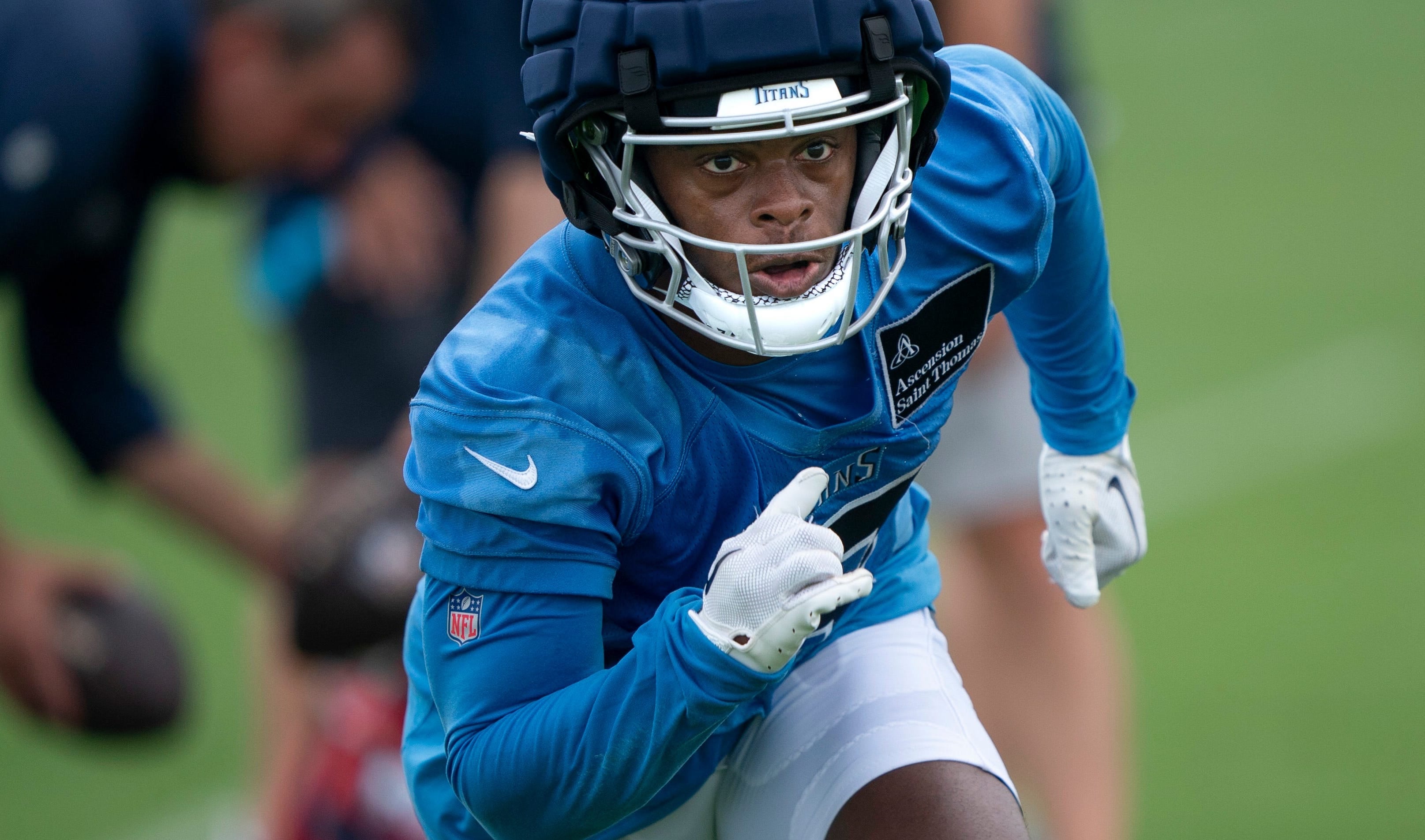 Tennessee Titans receiver Jha'Quan Jackson (19) runs his route on the first day of training camp at Ascension Saint Thomas Sports Park Wednesday, July 24, 2024 Denny Simmons/The Tennessean-USA TODAY NETWORK