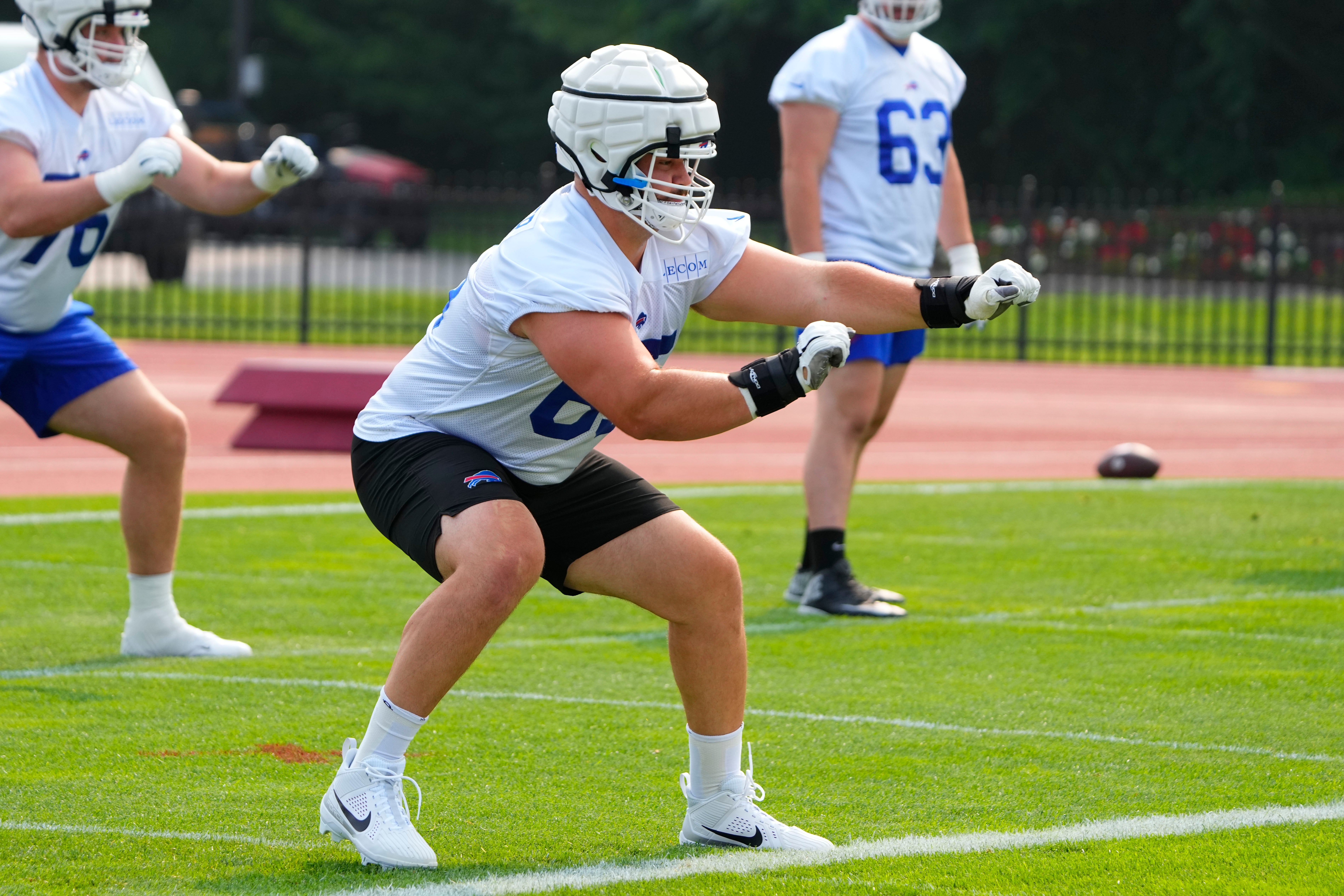 Jul 26, 2023; Rochester, NY, USA; Buffalo Bills guard Ike Boettger (65) practices on the field during training camp at St. John Fisher College. Mandatory Credit: Gregory Fisher-USA TODAY Sports