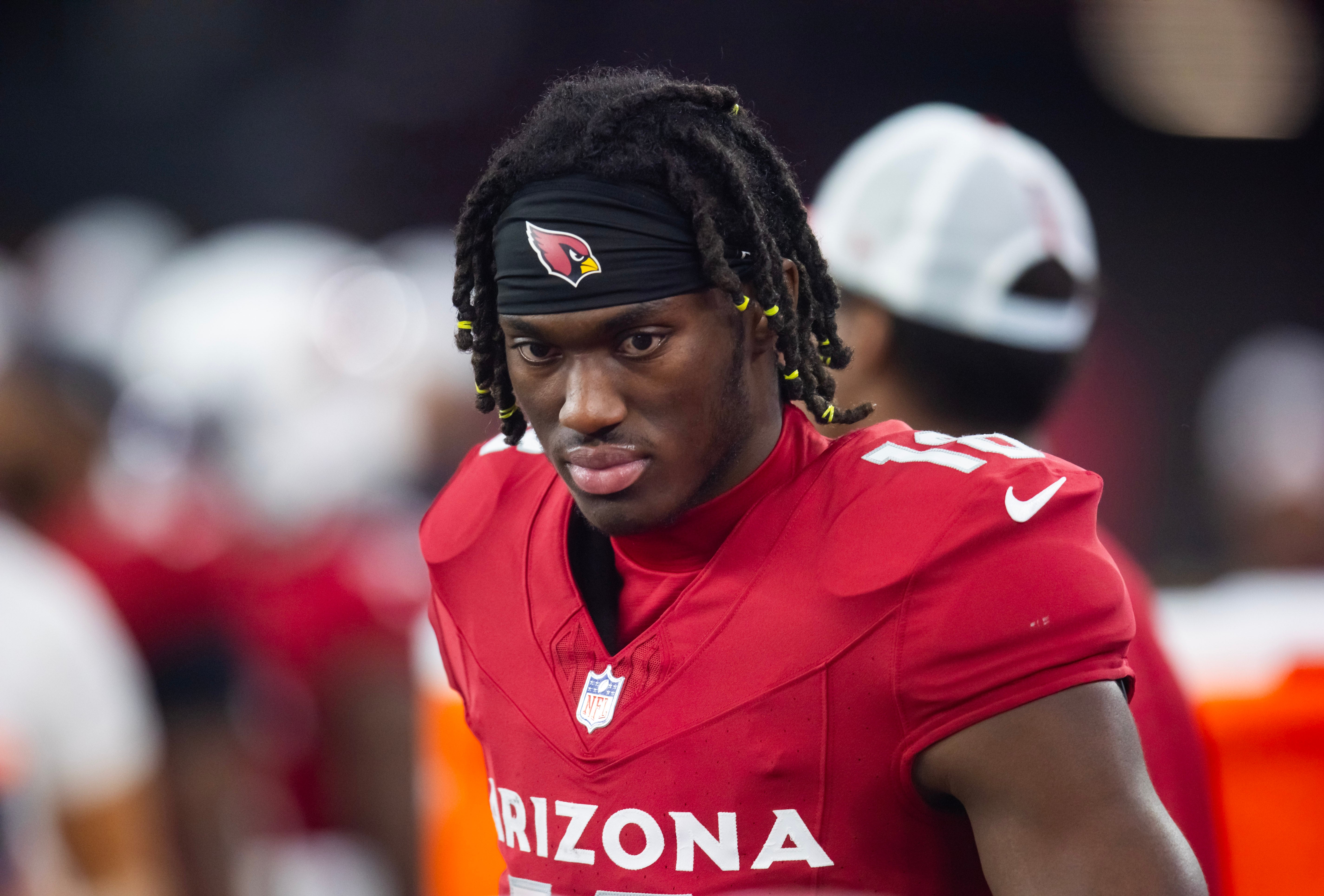 Aug 10, 2024; Glendale, Arizona, USA; Arizona Cardinals wide receiver Marvin Harrison Jr. (18) against the New Orleans Saints during a preseason NFL game at State Farm Stadium. Mandatory Credit: Mark J. Rebilas-USA TODAY Sports