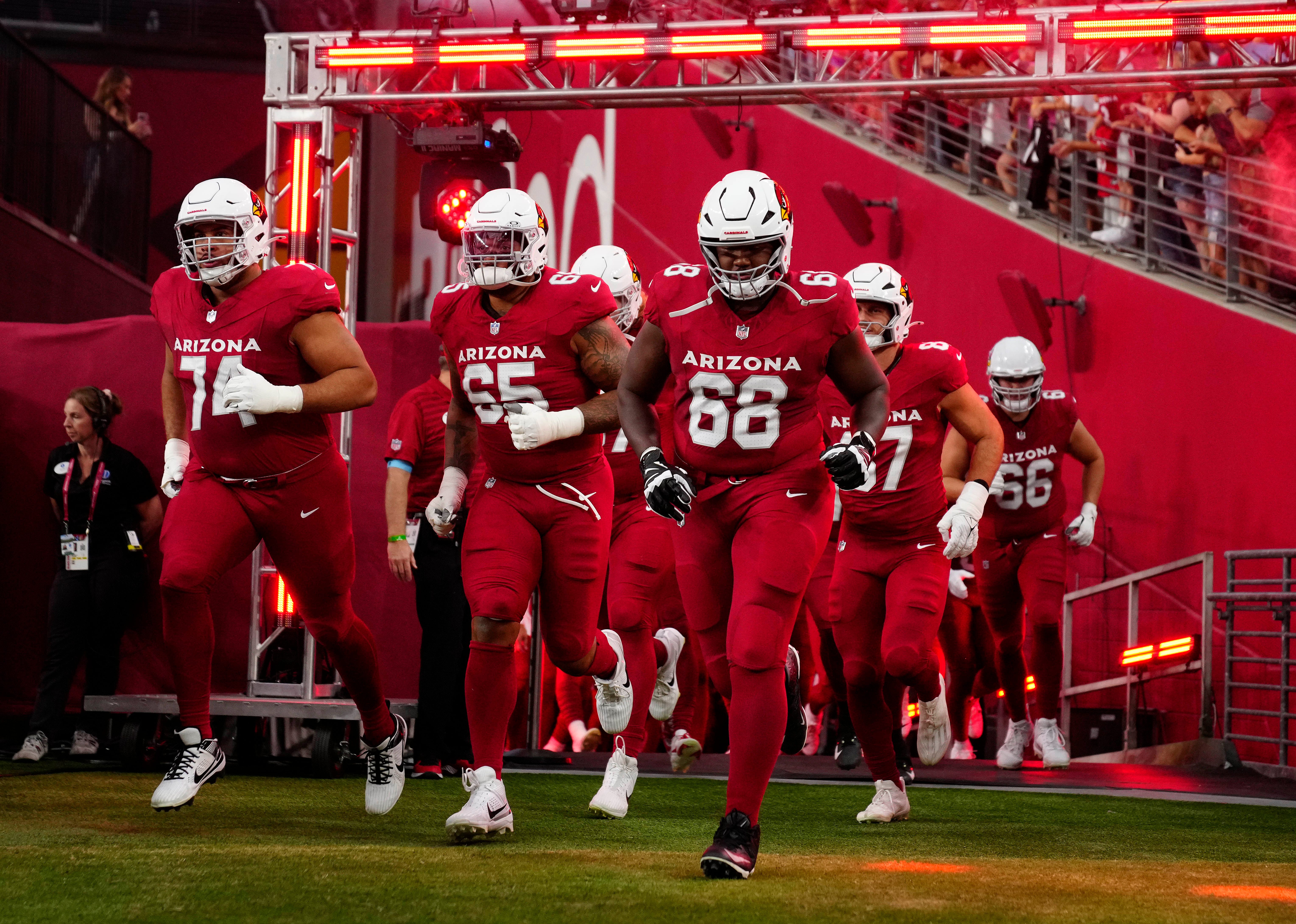 Cardinals offensive lineman Jackson Barton (66) takes the field against the Saints during a game at State Farm Stadium in Glendale, Ariz., on Saturday, Aug. 10, 2024.