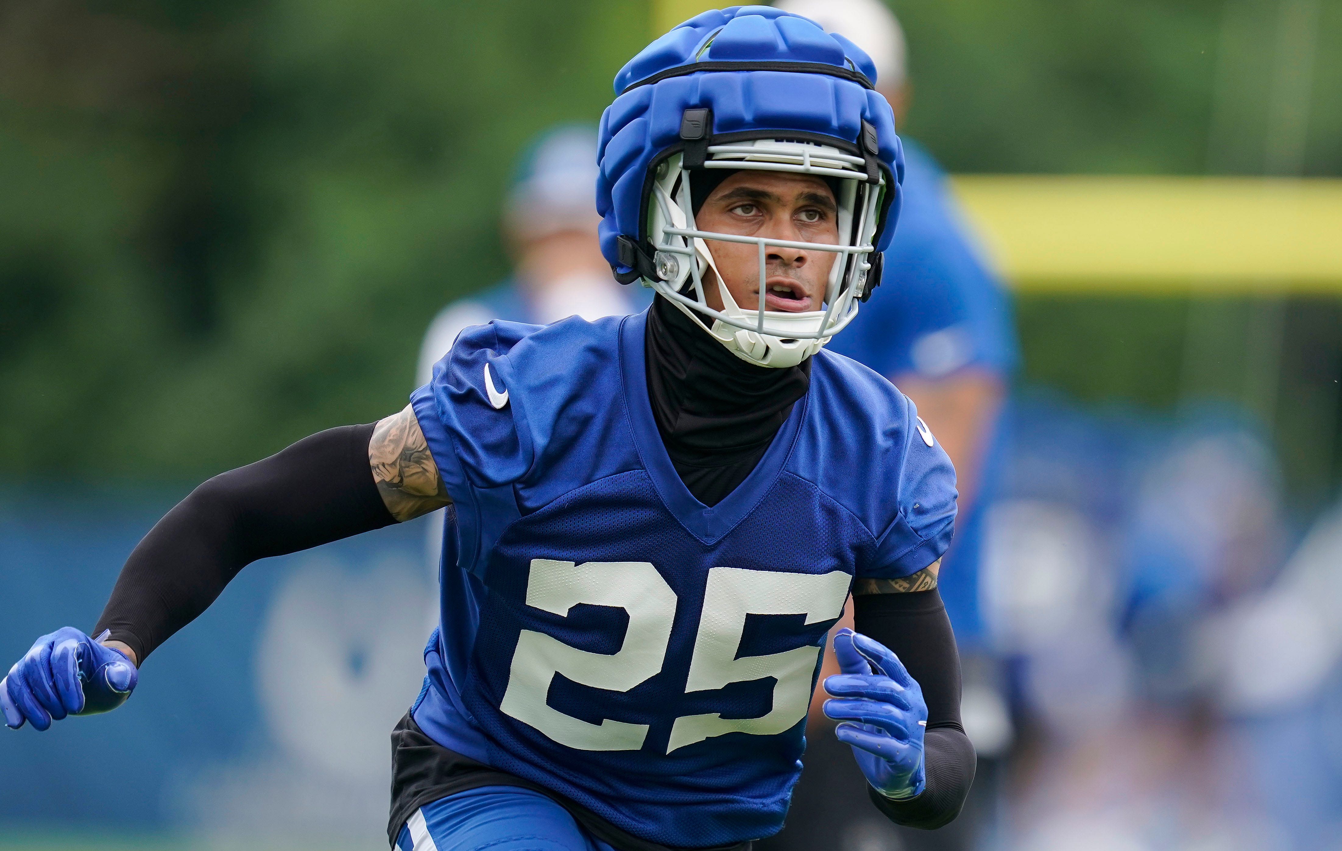 Indianapolis Colts safety Rodney Thomas II (25) runs through drills Wednesday, June 5, 2024, during practice at the Colts Practice Facility in Indianapolis.