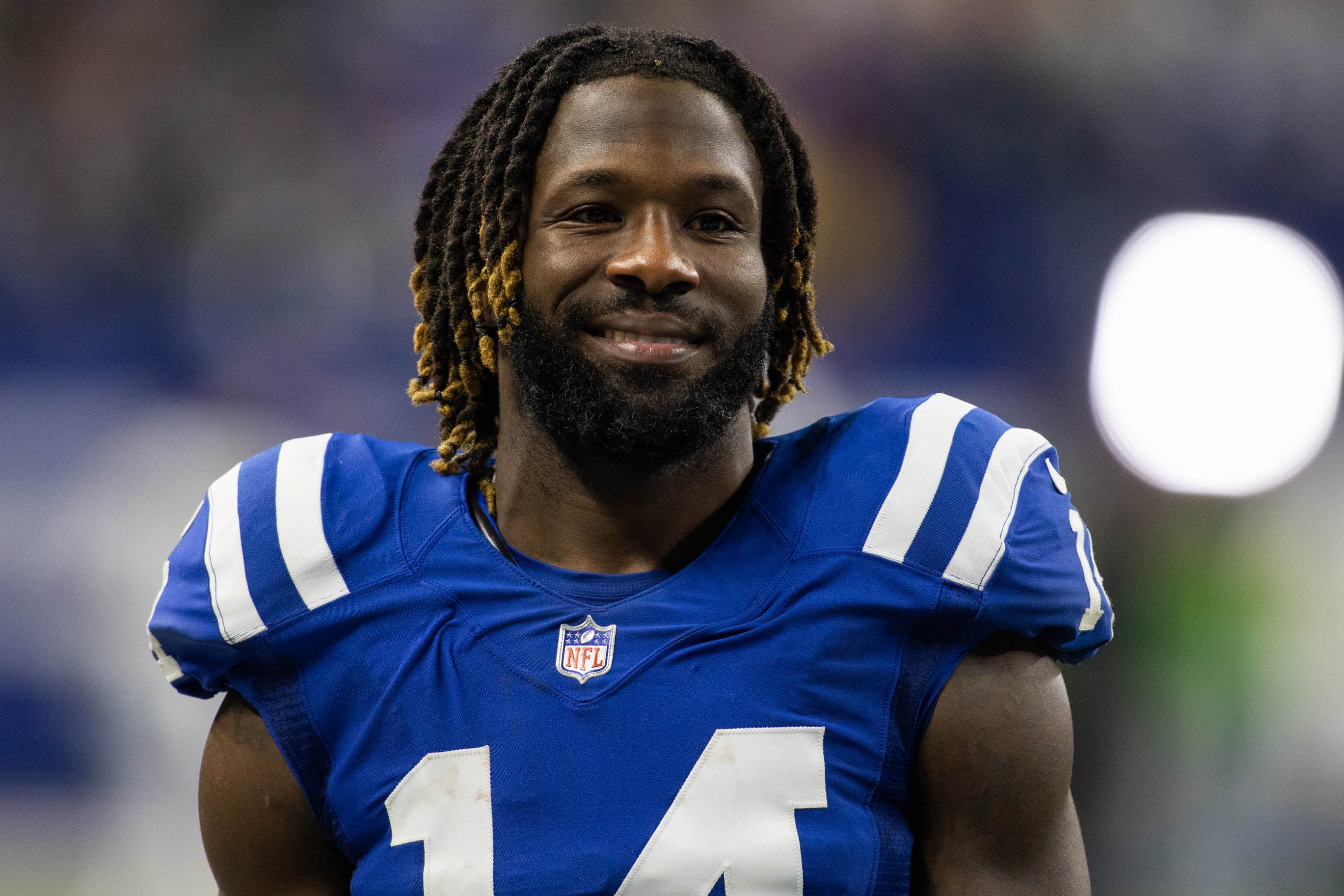 Jan 2, 2022; Indianapolis, Indiana, USA; Indianapolis Colts wide receiver Zach Pascal (14) after the game against the Las Vegas Raiders at Lucas Oil Stadium.