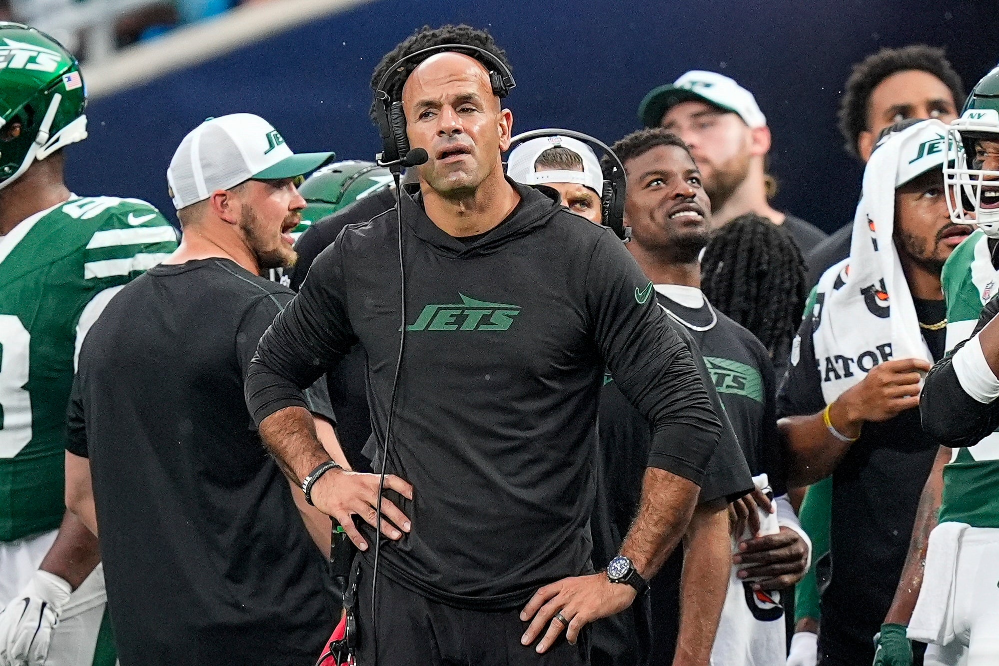 New York Jets head coach Rober Saleh during the first quarter against the Carolina Panthers at Bank of America Stadium.