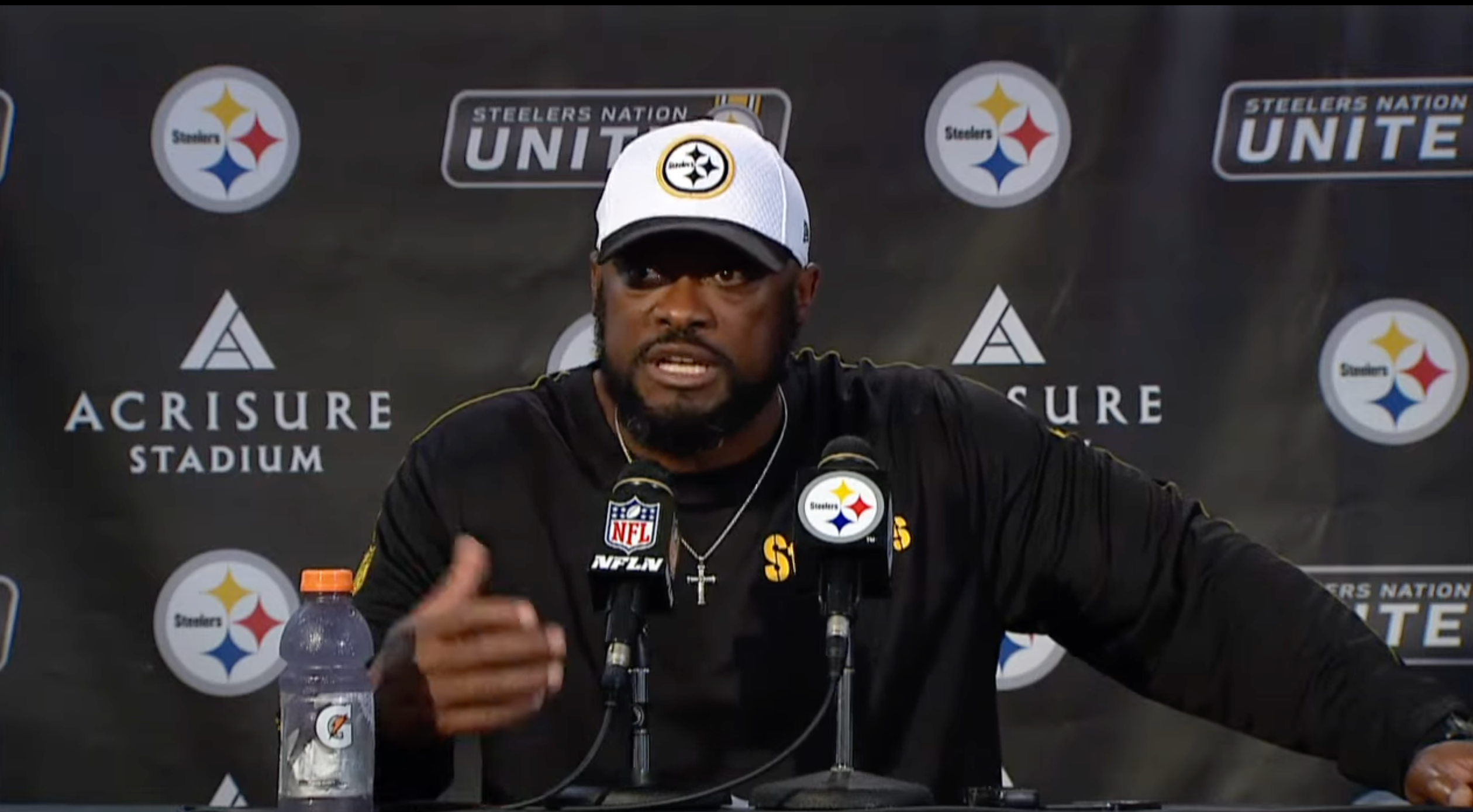 Pittsburgh Steelers HC Mike Tomlin addresses the media following 9-3 vs. Buffalo Bills during Week 2 of 2024 preseason.