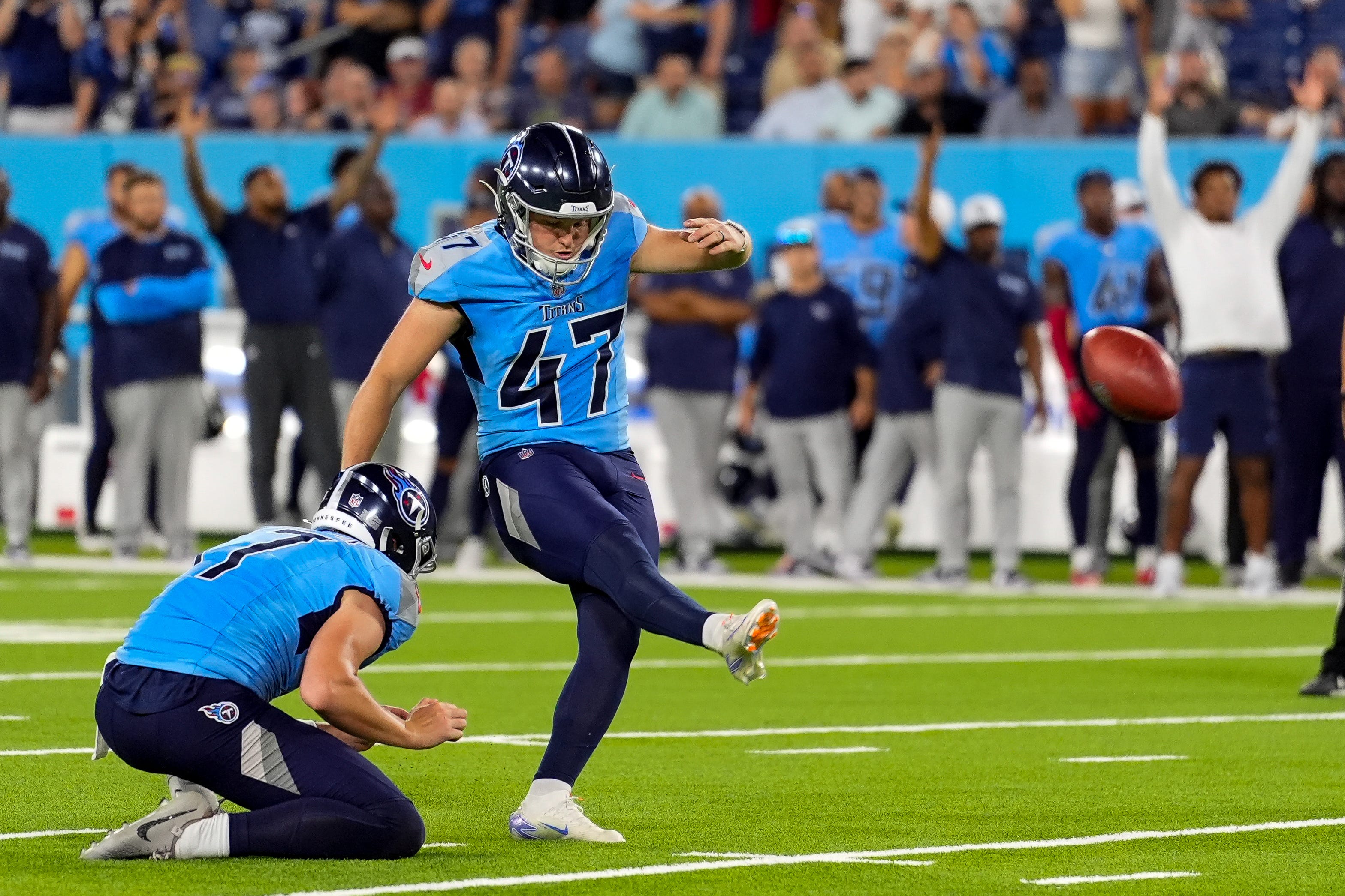 Tennessee Titans place kicker Brayden Narveson (47) kicks the game winning field goal against the Seattle Seahawks during the fourth quarter at Nissan Stadium in Nashville, Tenn., Saturday, Aug. 17, 2... Andrew Nelles / The Tennessean-USA TODAY NETWORK