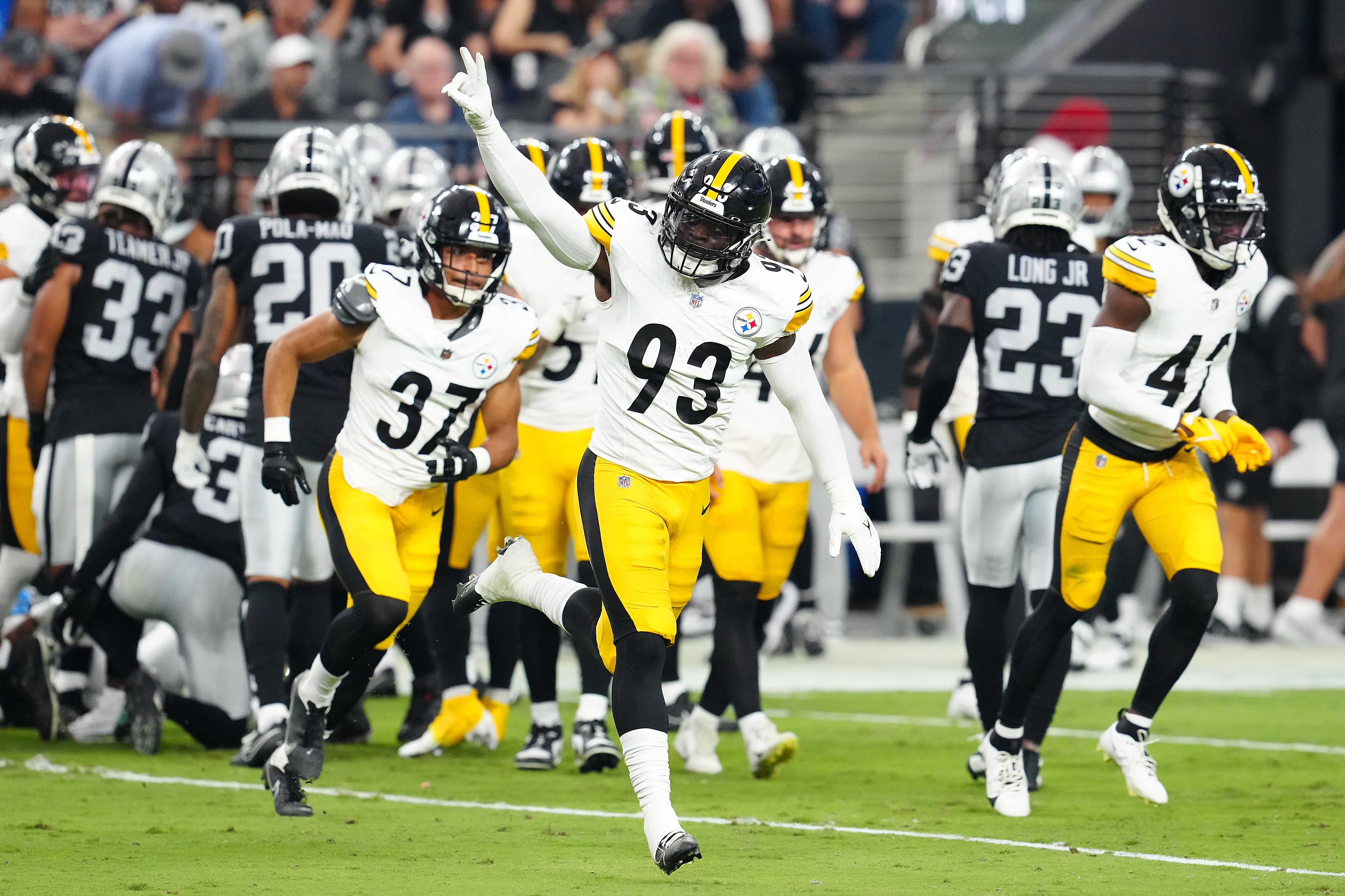 Sep 24, 2023; Paradise, Nevada, USA; Pittsburgh Steelers linebacker Mark Robinson (93) celebrates after making a play against the Las Vegas Raiders during the first quarter at Allegiant Stadium. Mandatory Credit: Stephen R. Sylvanie-USA TODAY Sports