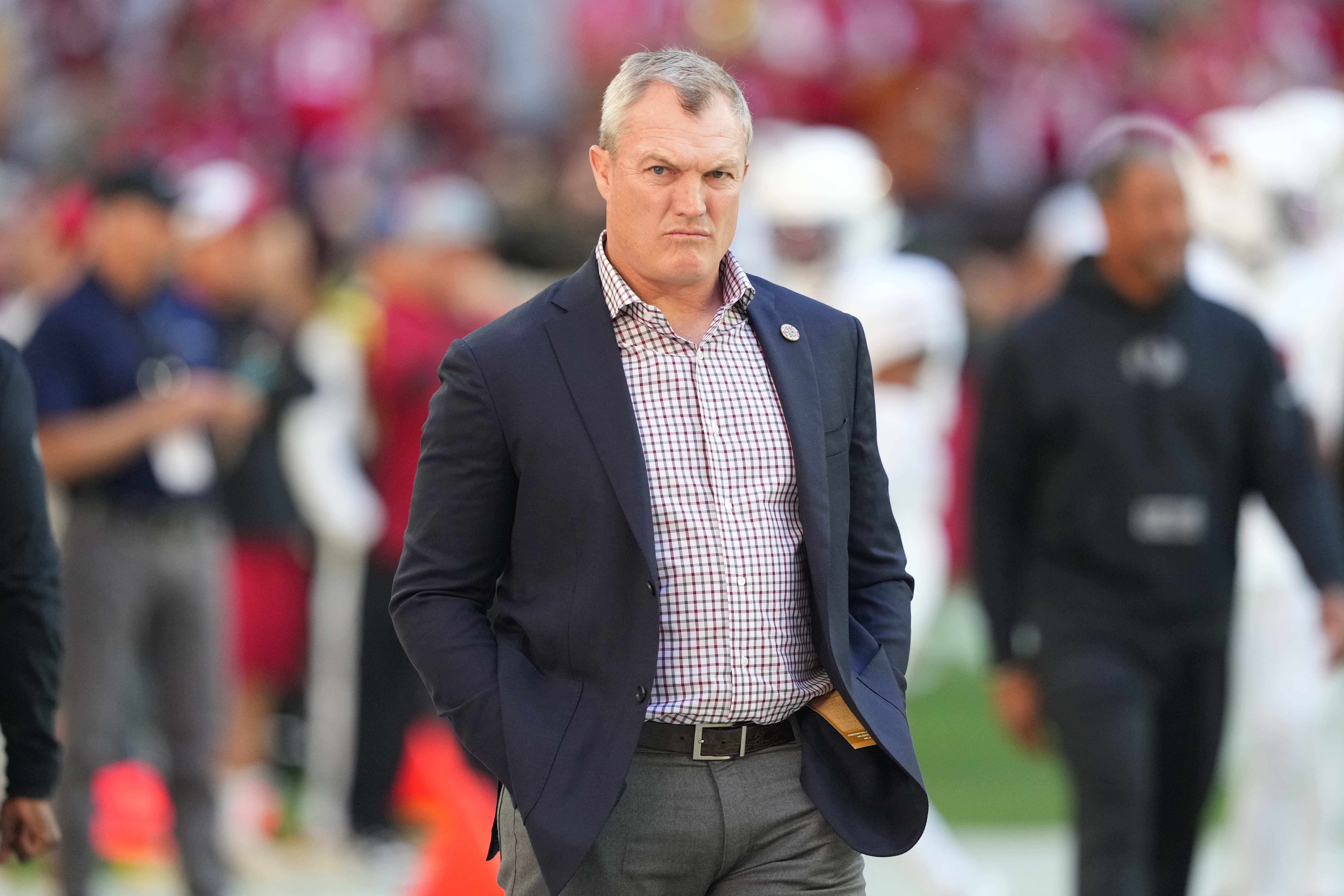 Dec 17, 2023; Glendale, Arizona, USA; San Francisco 49ers general manager John Lynch looks on prior to facing the Arizona Cardinals at State Farm Stadium.
