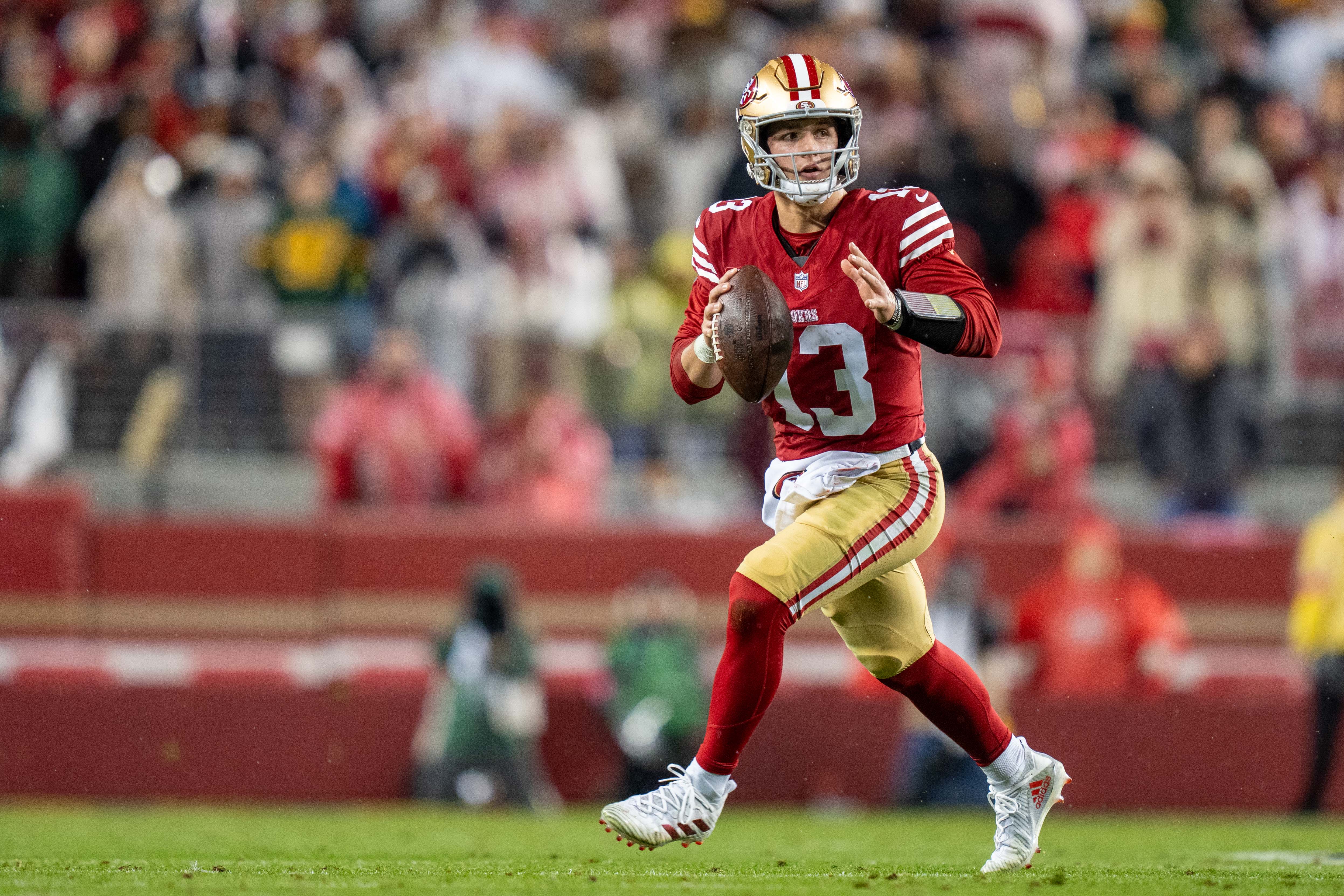 January 20, 2024; Santa Clara, CA, USA; San Francisco 49ers quarterback Brock Purdy (13) during the second quarter in a 2024 NFC divisional round game against the Green Bay Packers at Levi's Stadium.