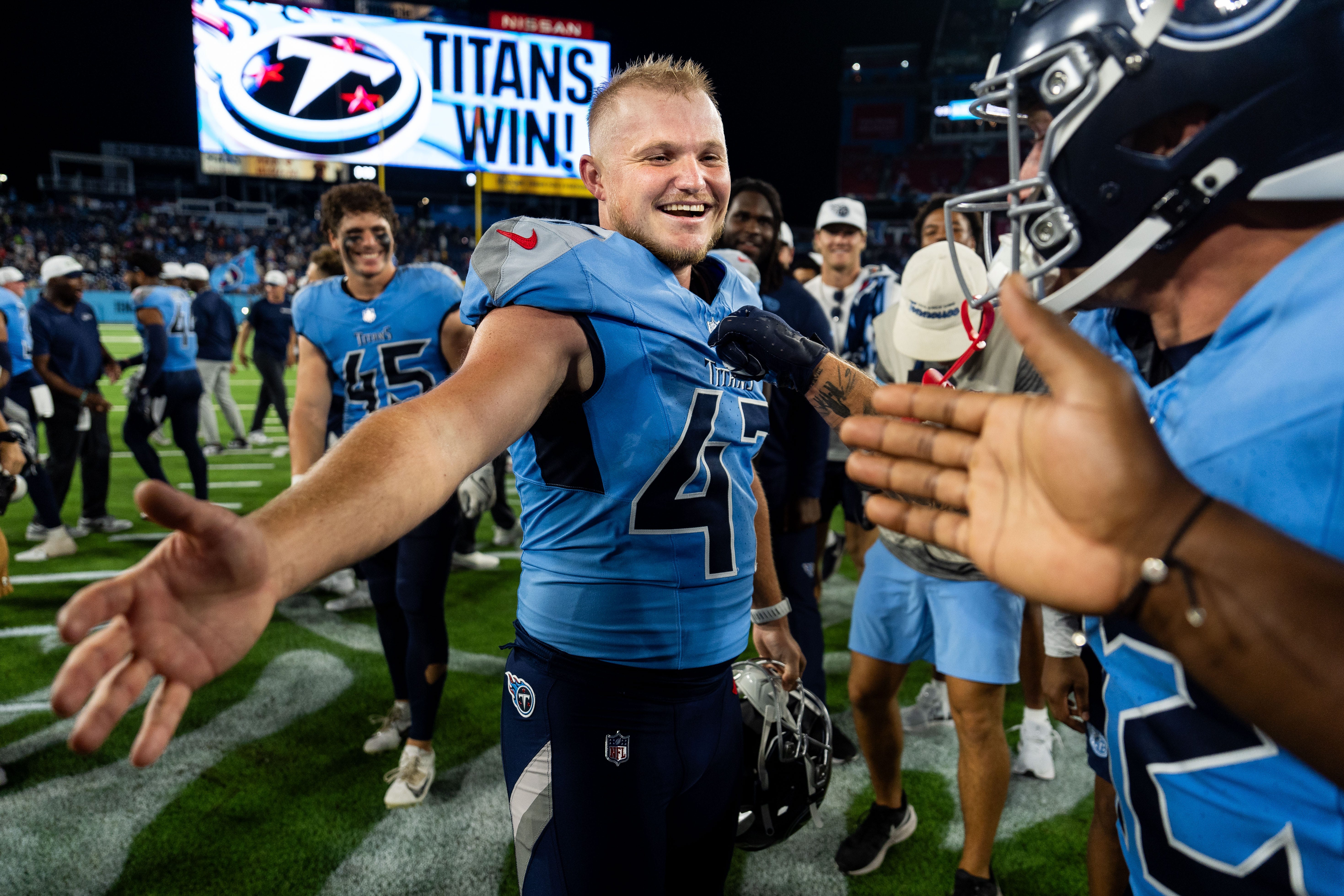 Tennessee Titans place kicker Brayden Narveson (47) reacts after kicking the game winning field goal against the Seattle Seahawks during the fourth quarter at Nissan Stadium in Nashville, Tenn., Satur... Andrew Nelles / The Tennessean-USA TODAY NETWORK