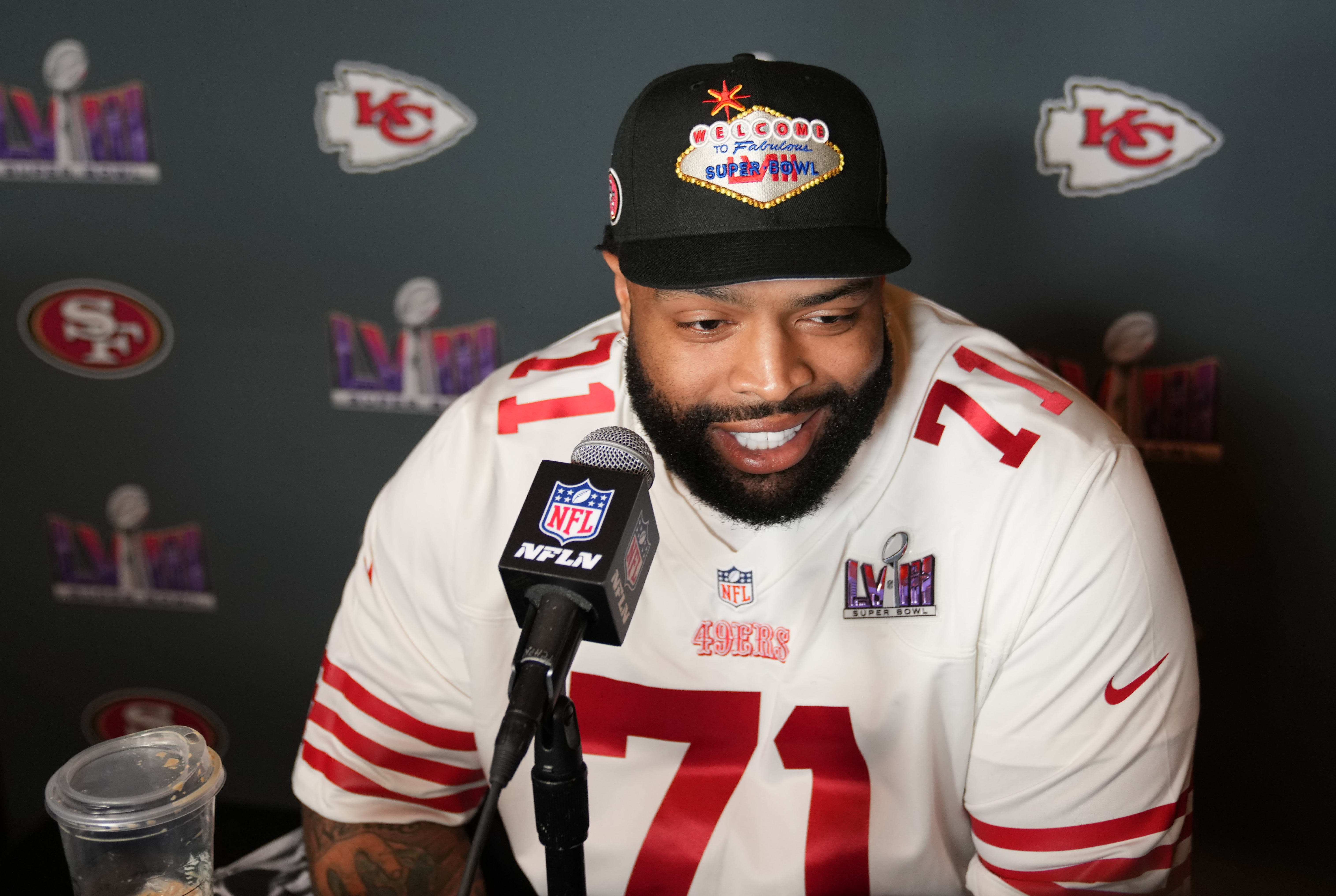 Feb 7, 2024; Las Vegas, NV, USA; San Francisco 49ers offensive tackle Trent Williams (71) during a press conference before Super Bowl LVIII at Hilton Lake Las Vegas Resort and Spa.