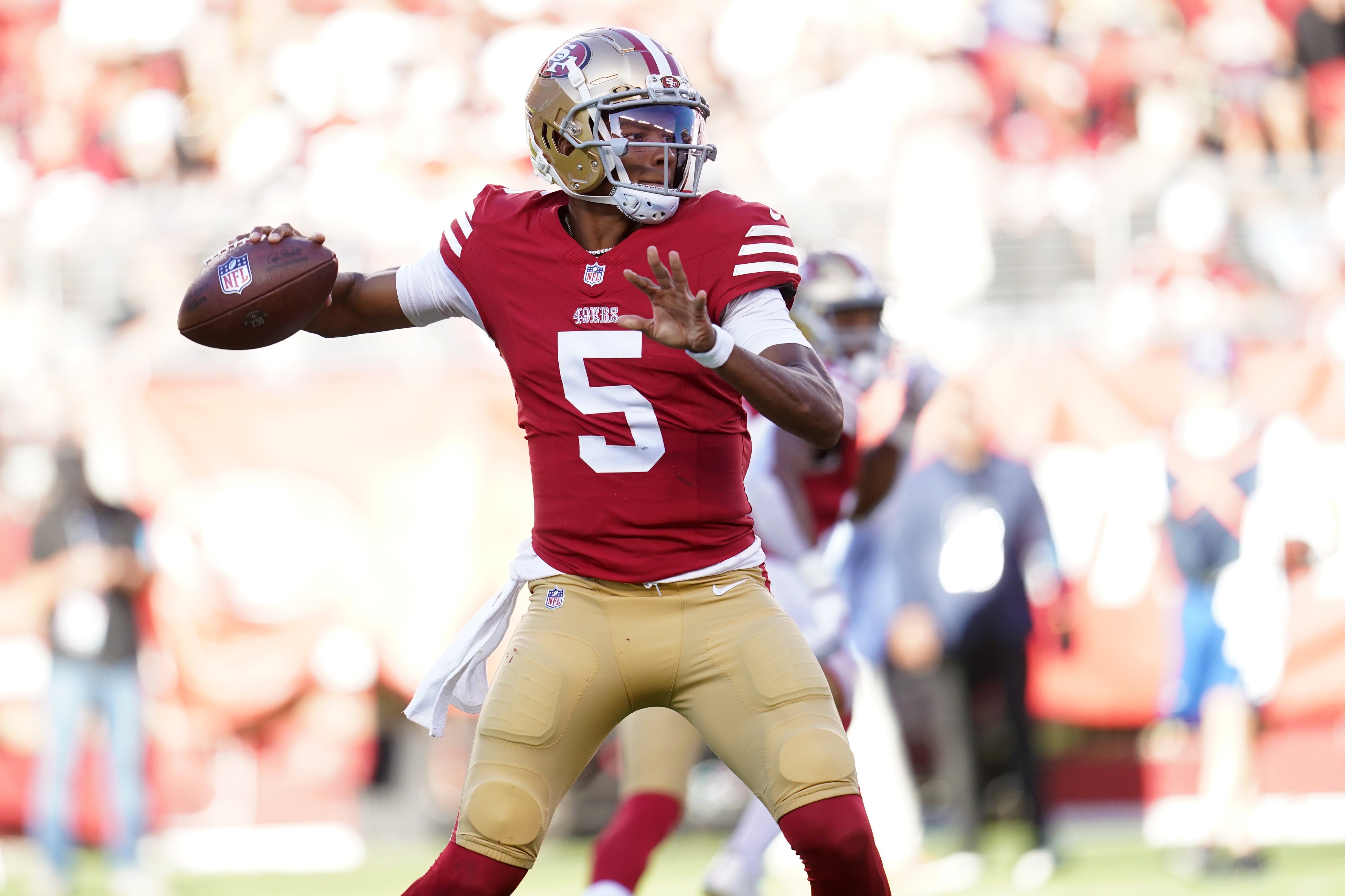 Aug 18, 2024; Santa Clara, California, USA; San Francisco 49ers quarterback Joshua Dobbs (5) throws a pass against the New Orleans Saints in the second quarter at Levi's Stadium.