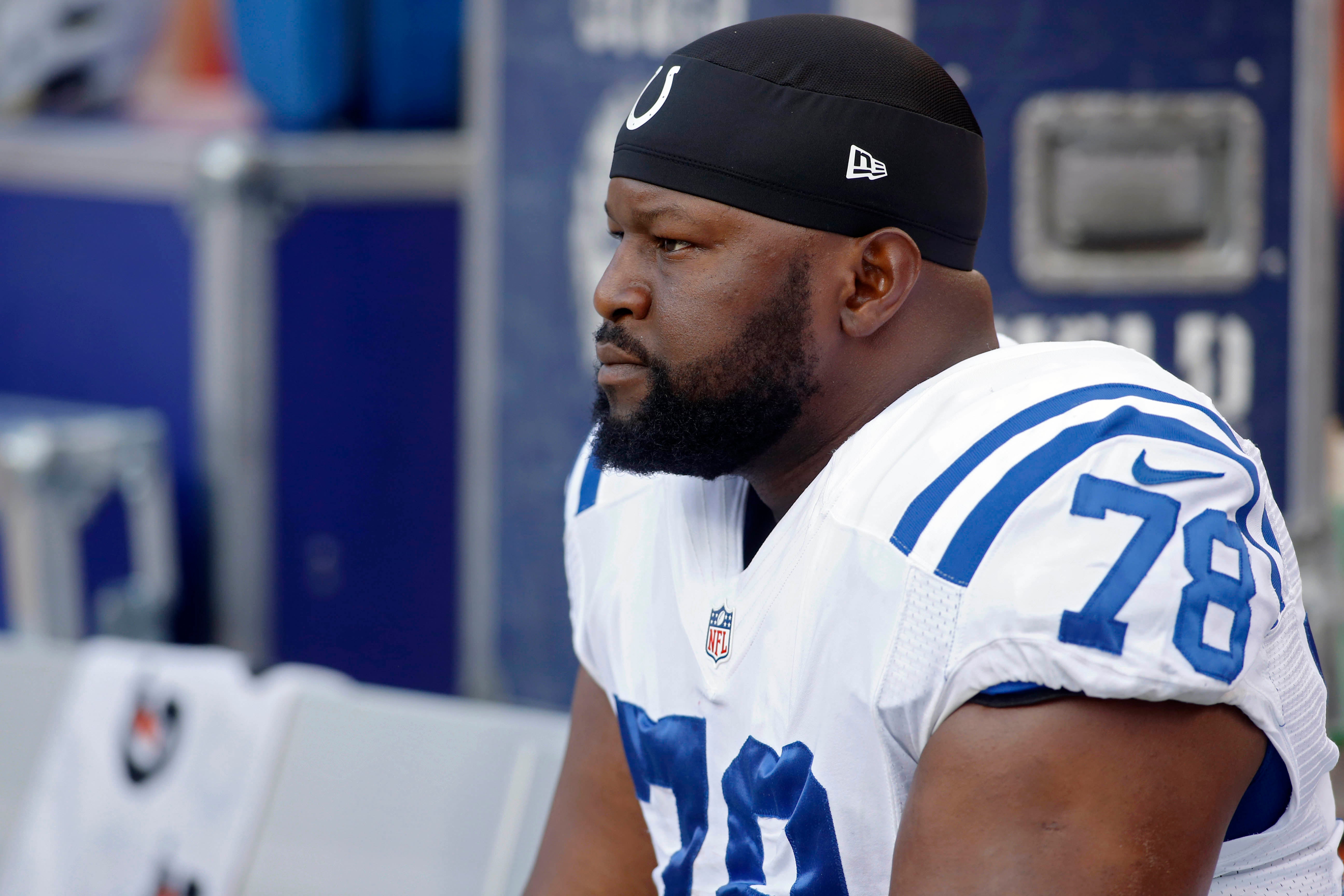 Sep 7, 2014; Denver, CO, USA; Indianapolis Colts tackle Gosder Cherilus (78) before the game against the Denver Broncos at Sports Authority Field at Mile High.