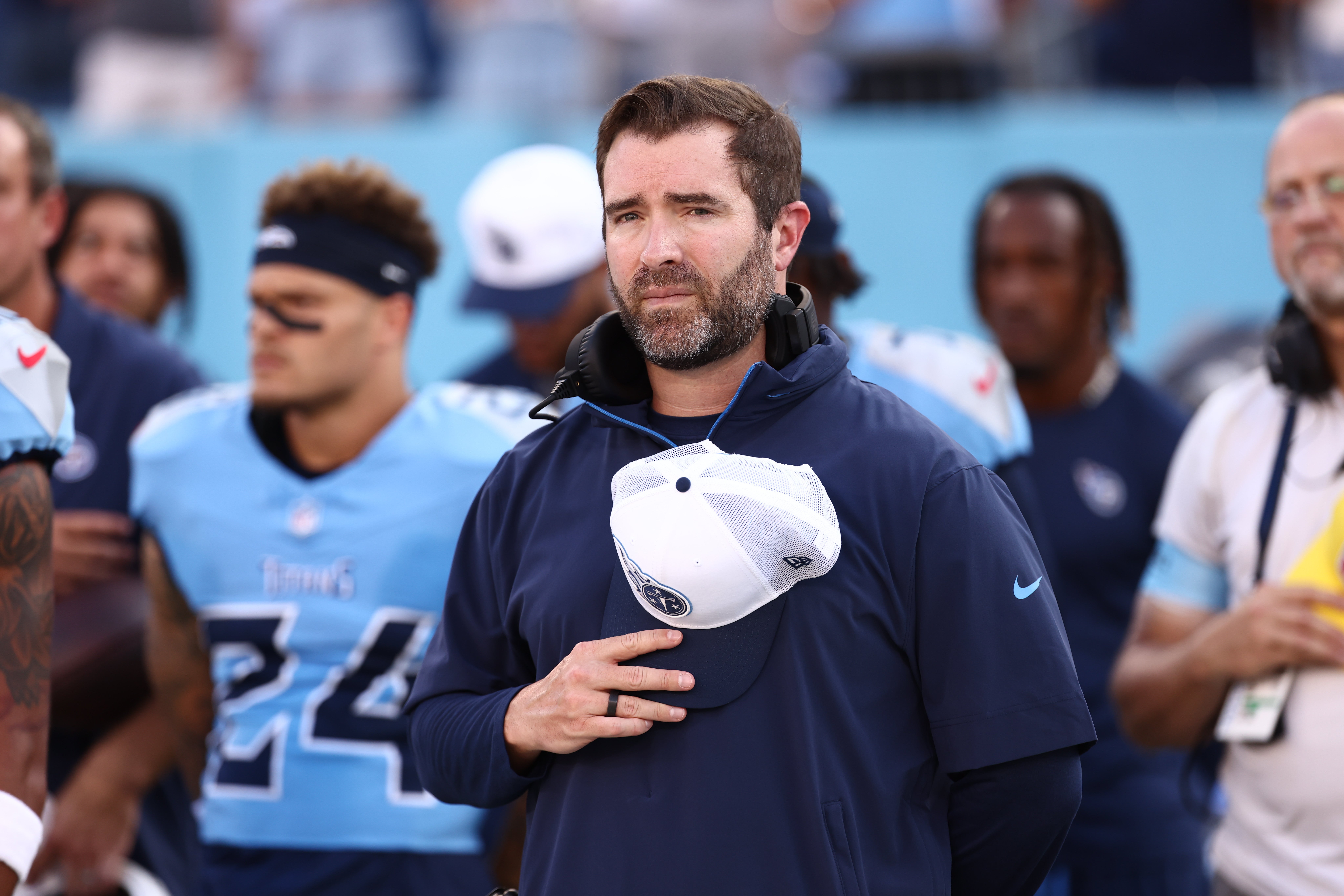 Tennessee Titans head coach Brian Callahan during the national anthem before the game against the Seattle Seahawks at Nissan Stadium. Casey Gower-USA TODAY Sports