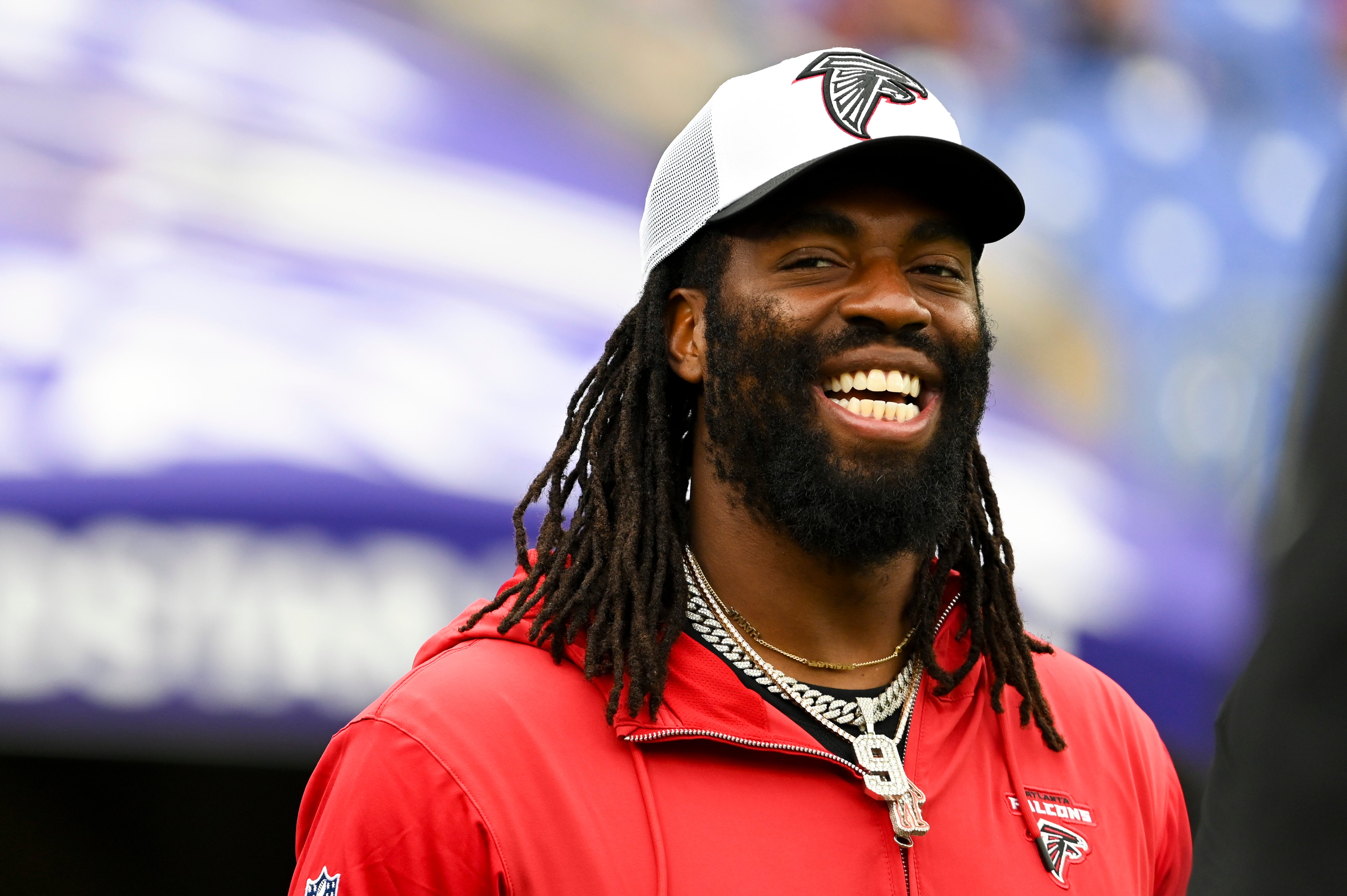 Aug 17, 2024; Baltimore, Maryland, USA; Atlanta Falcons linebacker Matthew Judon stands on the field before a preseason game against the Baltimore Ravens at M&T Bank Stadium.