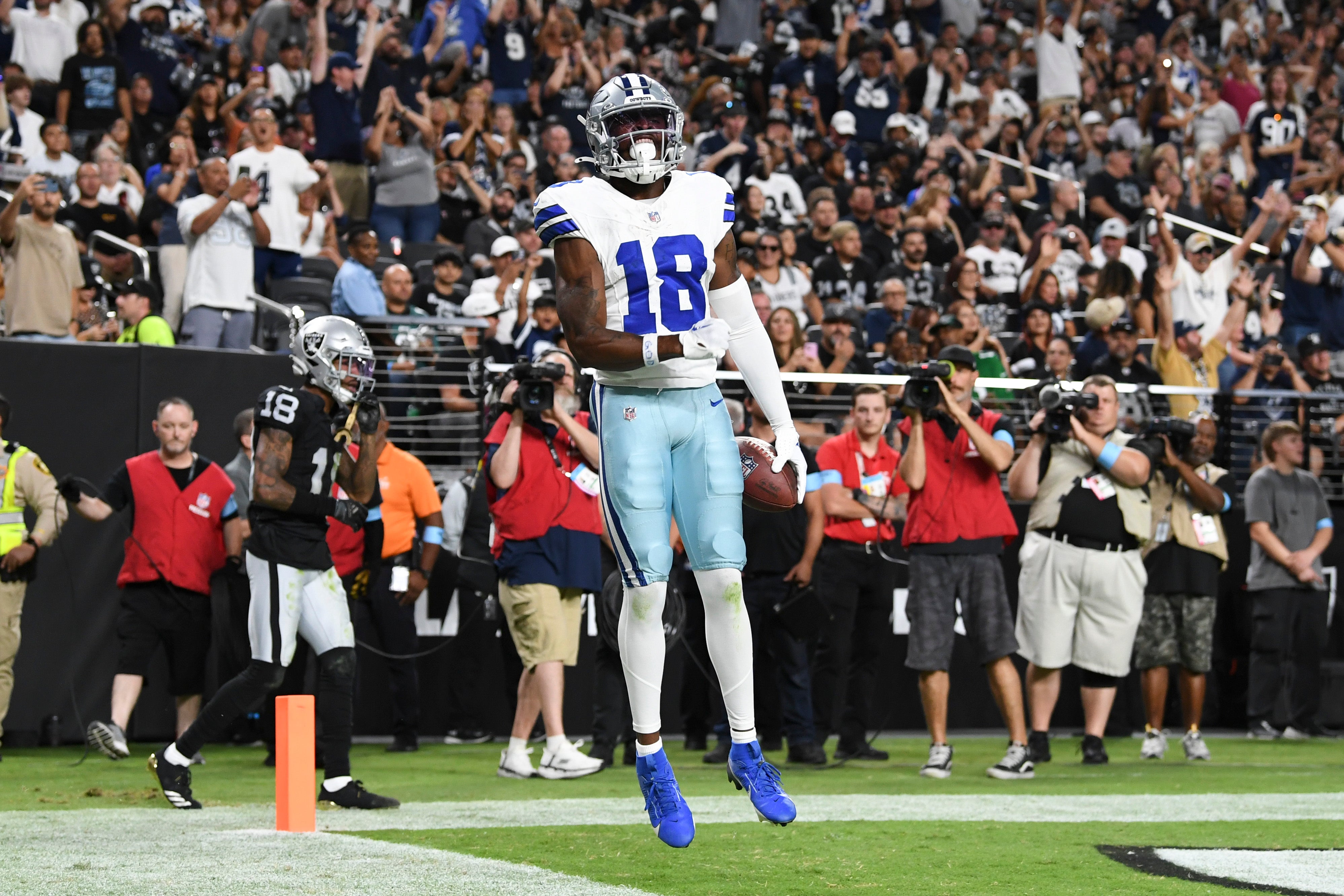 Dallas Cowboys wide receiver Ryan Flournoy (18) celebrates his second quarter touchdown against the Las Vegas Raiders at Allegiant Stadium.