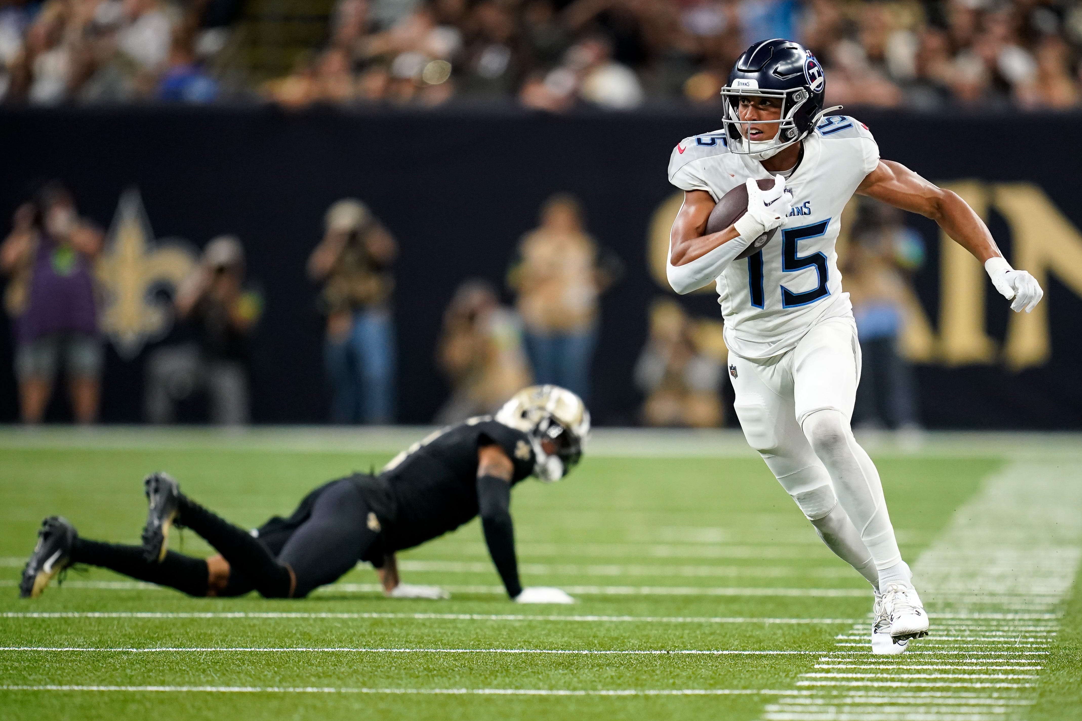Tennessee Titans wide receiver Nick Westbrook-Ikhine (15) runs in a first down against the New Orleans Saints during the fourth quarter at the Caesars Superdome in New Orleans, La., Sunday, Sept. 10, ... Andrew Nelles / Tennessean.com-USA TODAY NETWORK