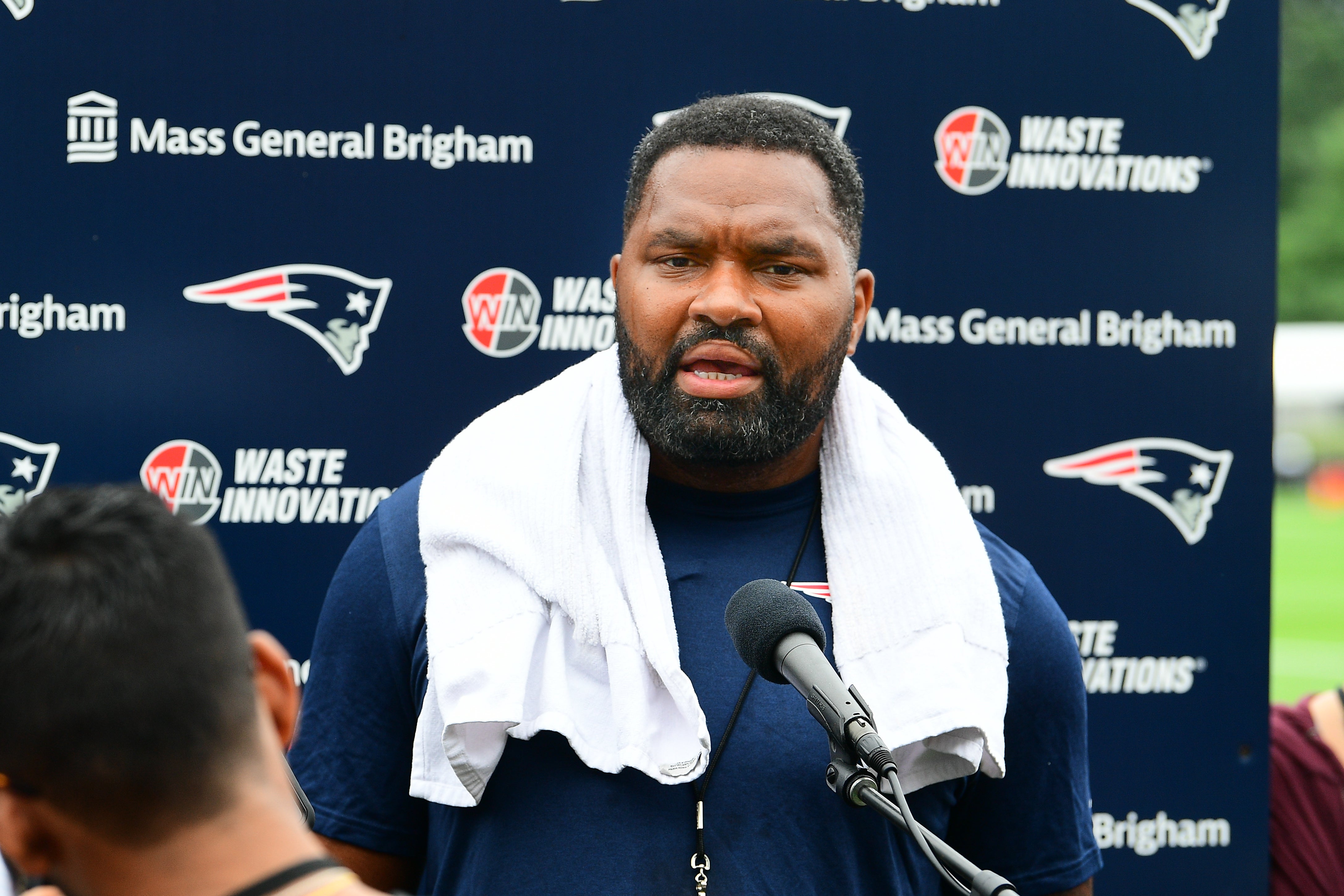 Jul 24, 2024; Foxborough, MA, USA; New England Patriots head coach Jerod Mayo holds a press conference before training camp at Gillette Stadium.