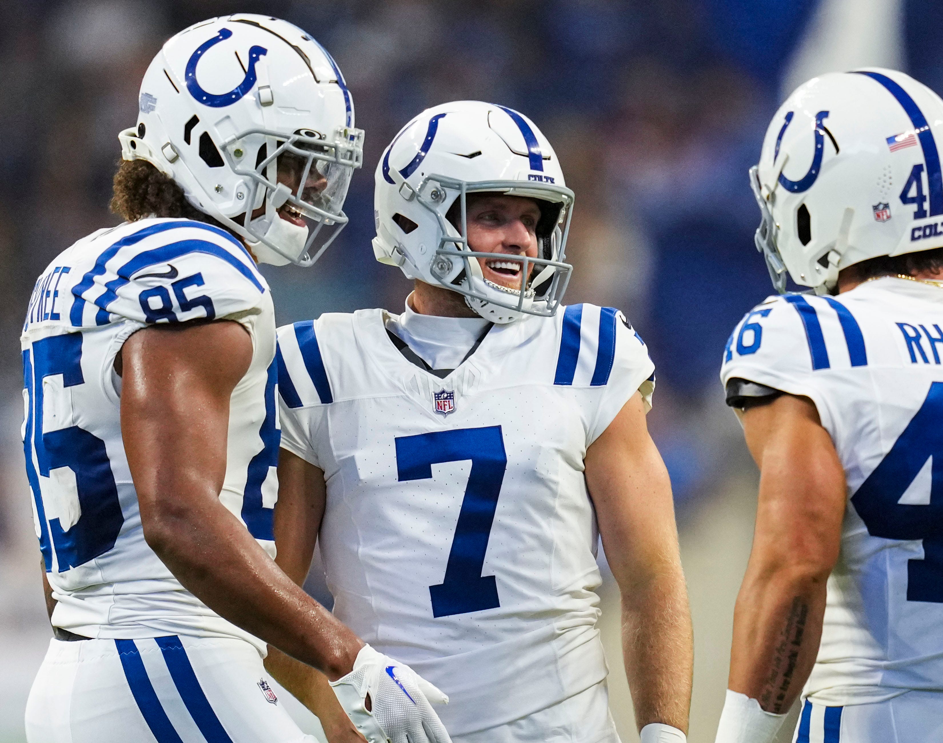 Indianapolis Colts kicker Matt Gay (7) smiles after kicking a field goal Saturday, Aug. 17, 2024, during a preseason game between the Indianapolis Colts and the Arizona Cardinals at Lucas Oil Stadium in Indianapolis. The Colts defeated the Cardinals, 21-13.