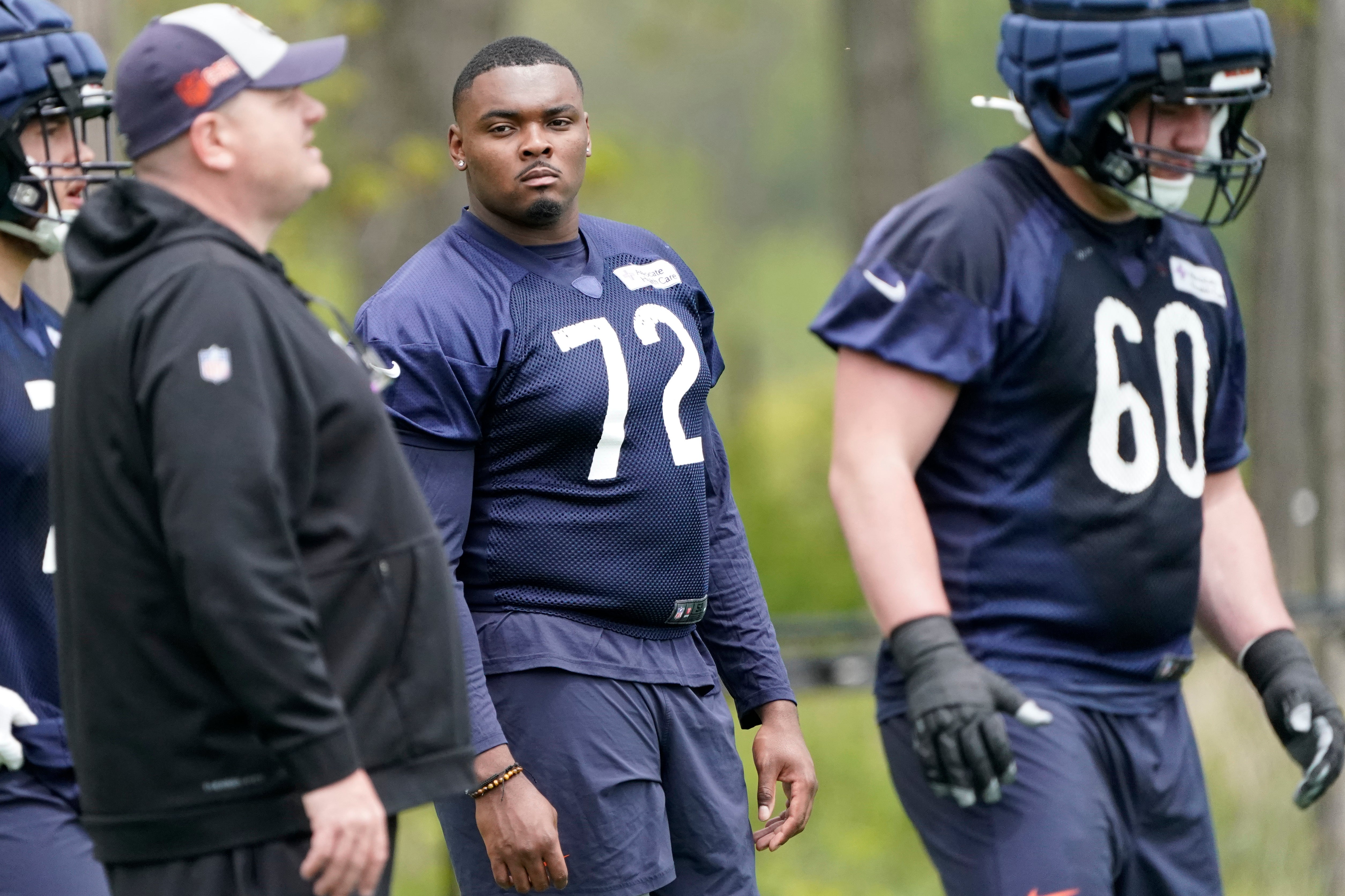 May 10, 2024; Lake Forest, IL, USA; Chicago Bears offensive lineman Kiran Amegadjie (72) during Chicago Bears rookie minicamp at Halas Hall.