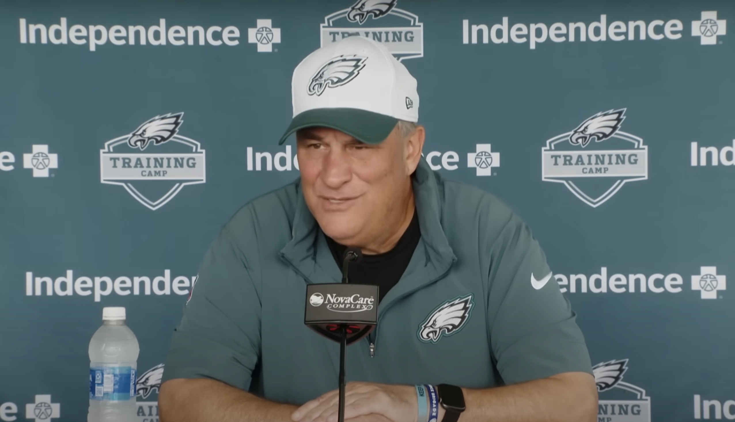Philadelphia Eagles defensive coordinator Vic Fangio speaks to the media during training camp.