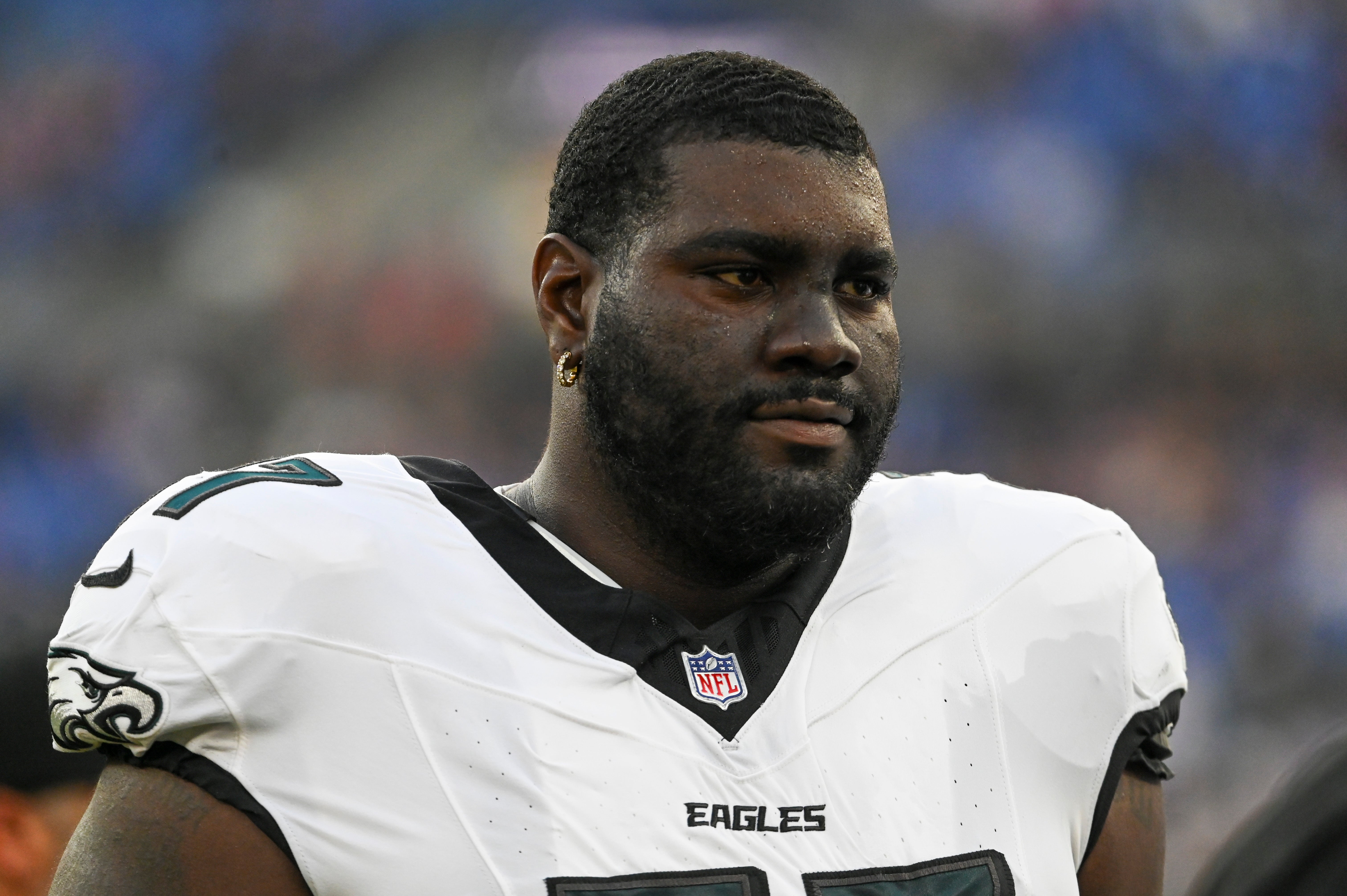 Philadelphia Eagles offensive tackle Mekhi Becton (77) stands on the sidelines during the first half of a preseason game against the Baltimore Ravens at M&T Bank Stadium.