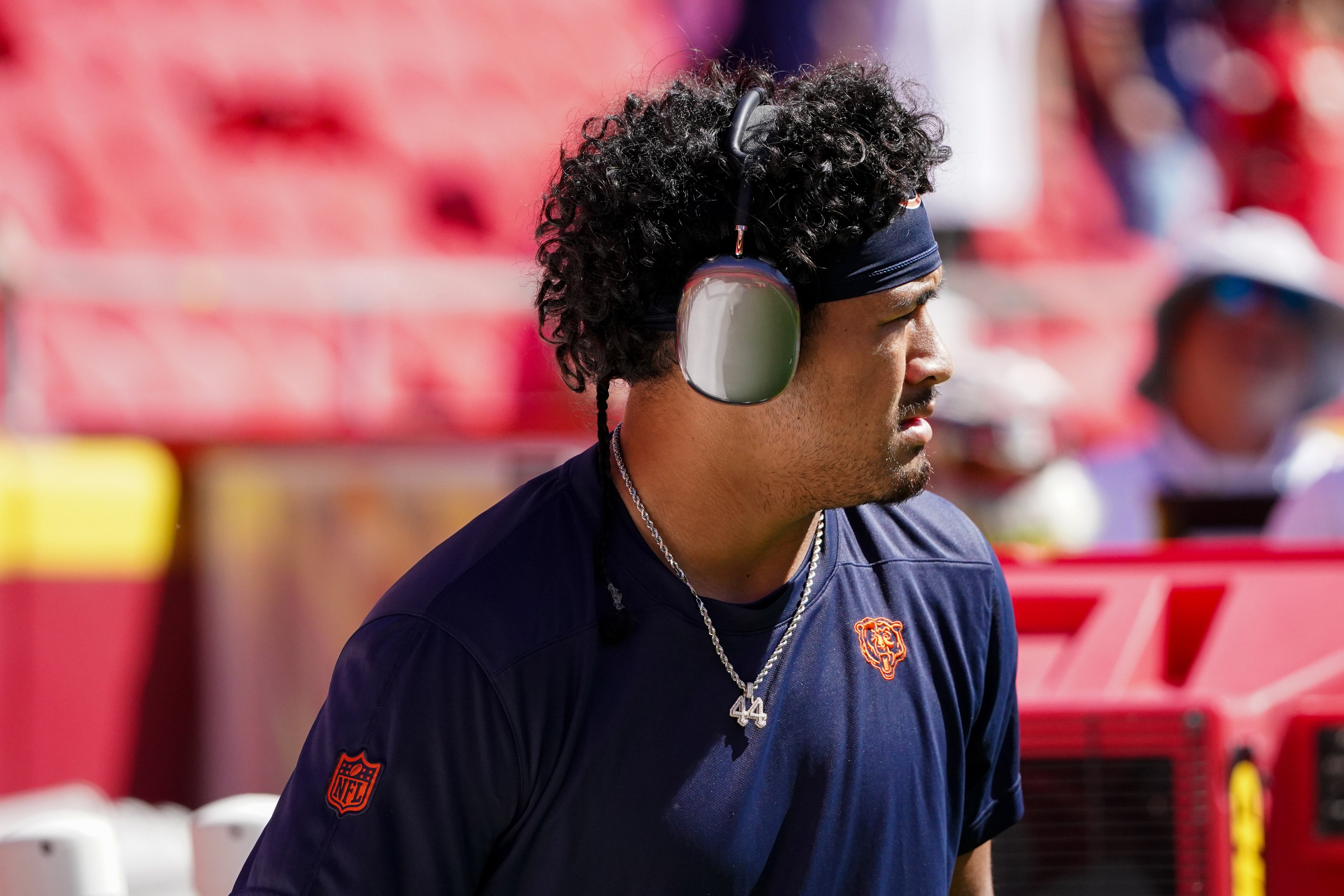 Sep 24, 2023; Kansas City, Missouri, USA; Chicago Bears linebacker Noah Sewell (44) warms up against the Kansas City Chiefs prior to a game at GEHA Field at Arrowhead Stadium.