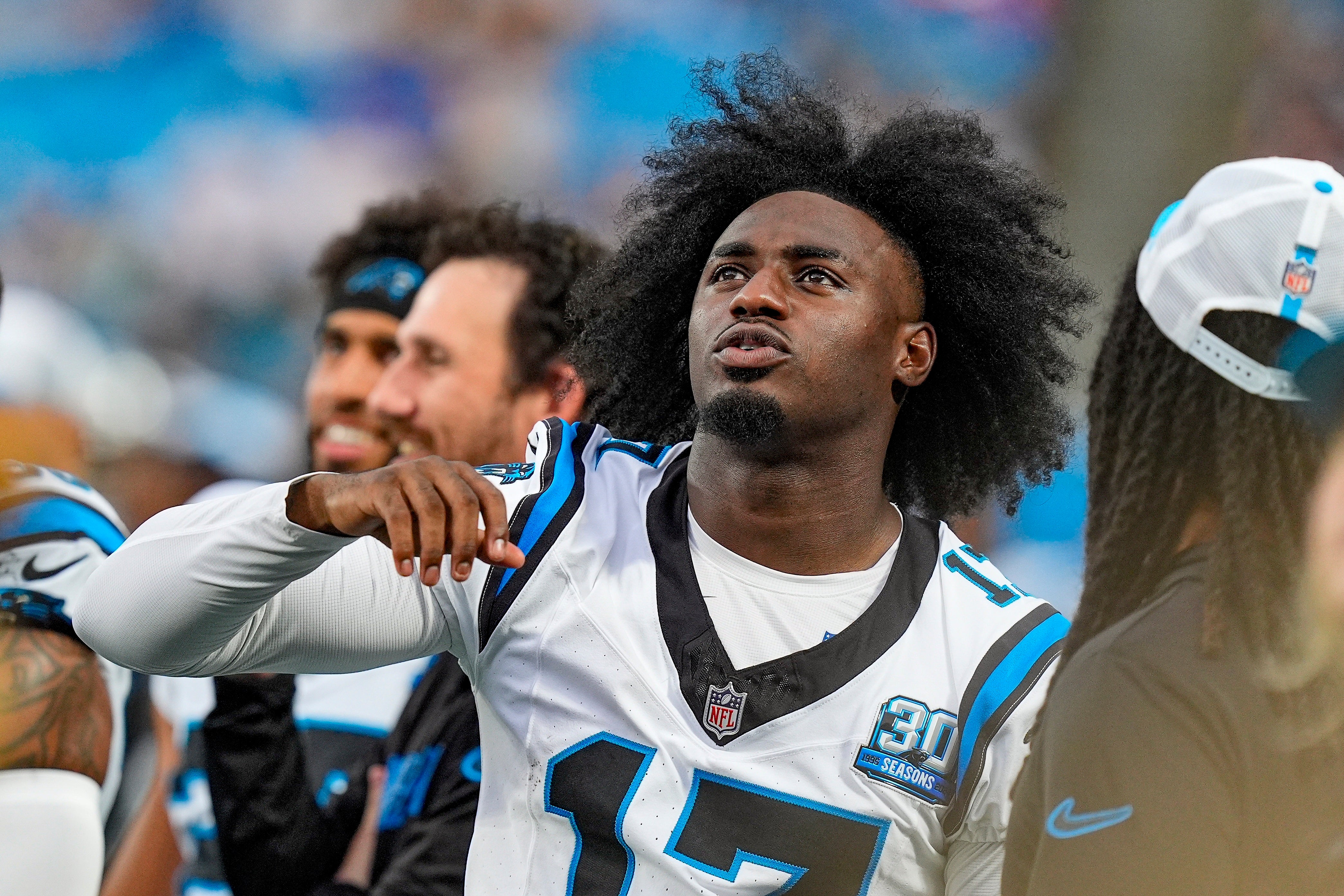 Aug 17, 2024; Charlotte, North Carolina, USA; Carolina Panthers wide receiver Xavier Legette (17) during the first quarter against the New York Jets at Bank of America Stadium. Mandatory Credit: Jim Dedmon-USA TODAY Sports