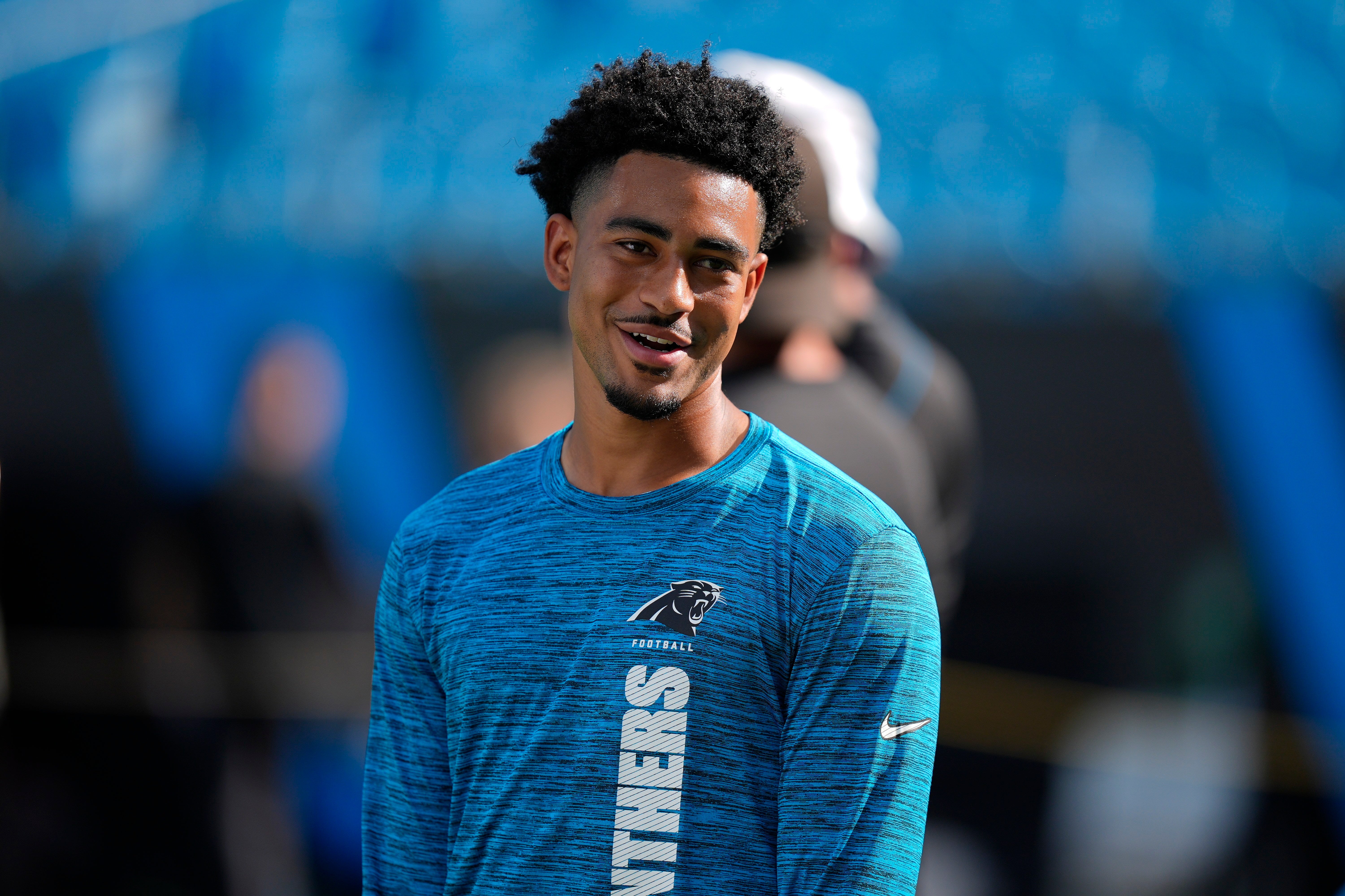 Aug 17, 2024; Charlotte, North Carolina, USA; Carolina Panthers quarterback Bryce Young (9) during pregame warm ups against the New York Jets at Bank of America Stadium. Mandatory Credit: Jim Dedmon-USA TODAY Sports