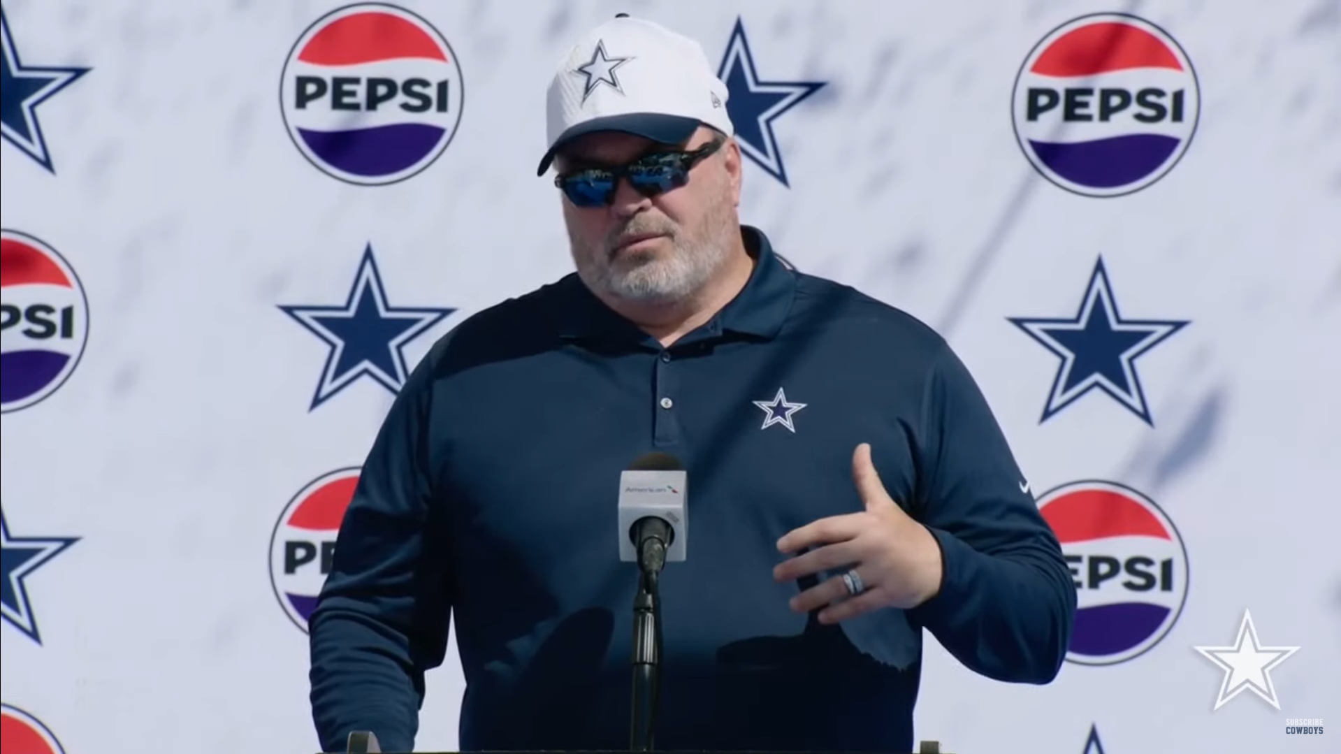 Dallas Cowboys HC Mike McCarthy talks to reporters about duration of stay in Oxnard, California.