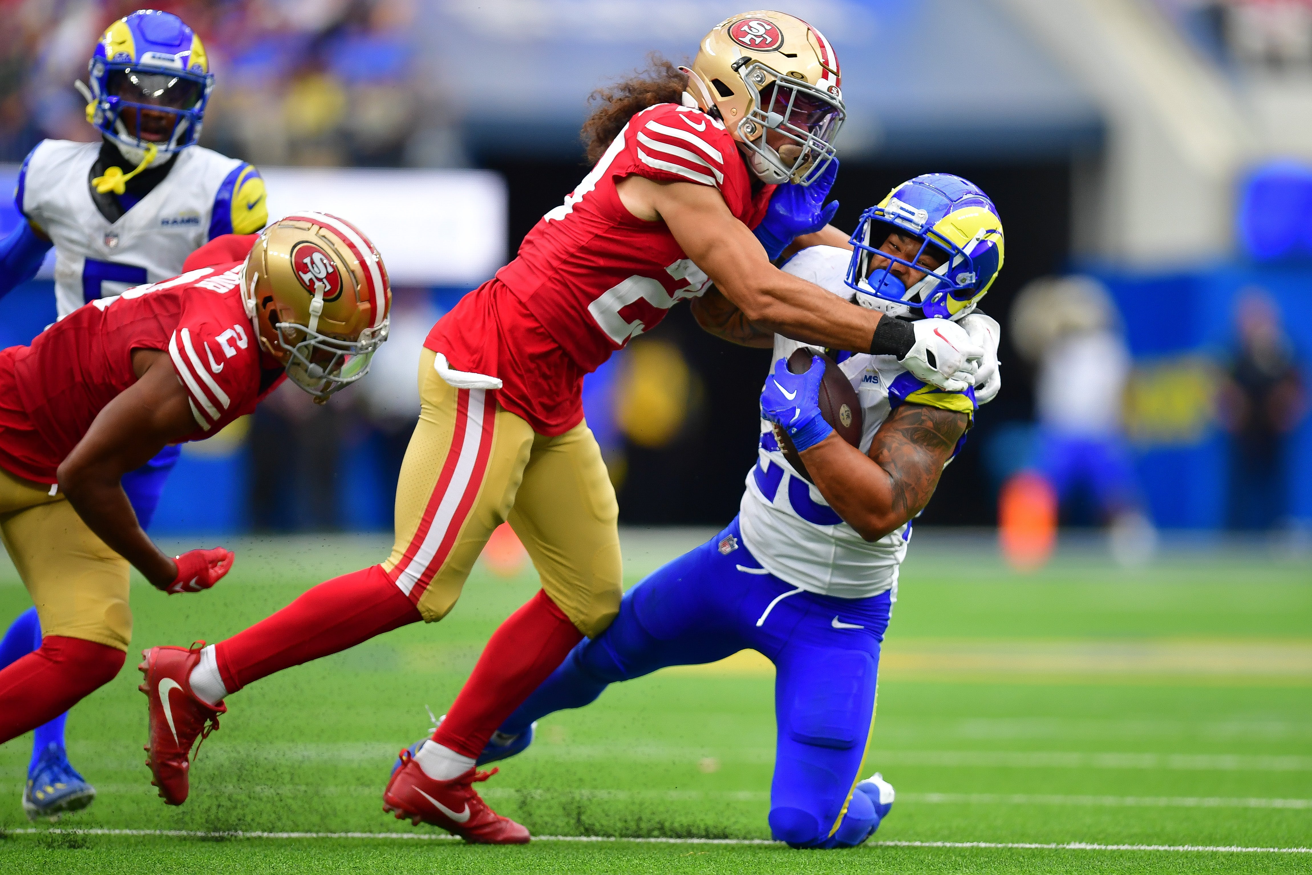 Sep 17, 2023; Inglewood, California, USA; Los Angeles Rams running back Kyren Williams (23) runs the ball against San Francisco 49ers safety Talanoa Hufanga (29) during the second half at SoFi Stadium.