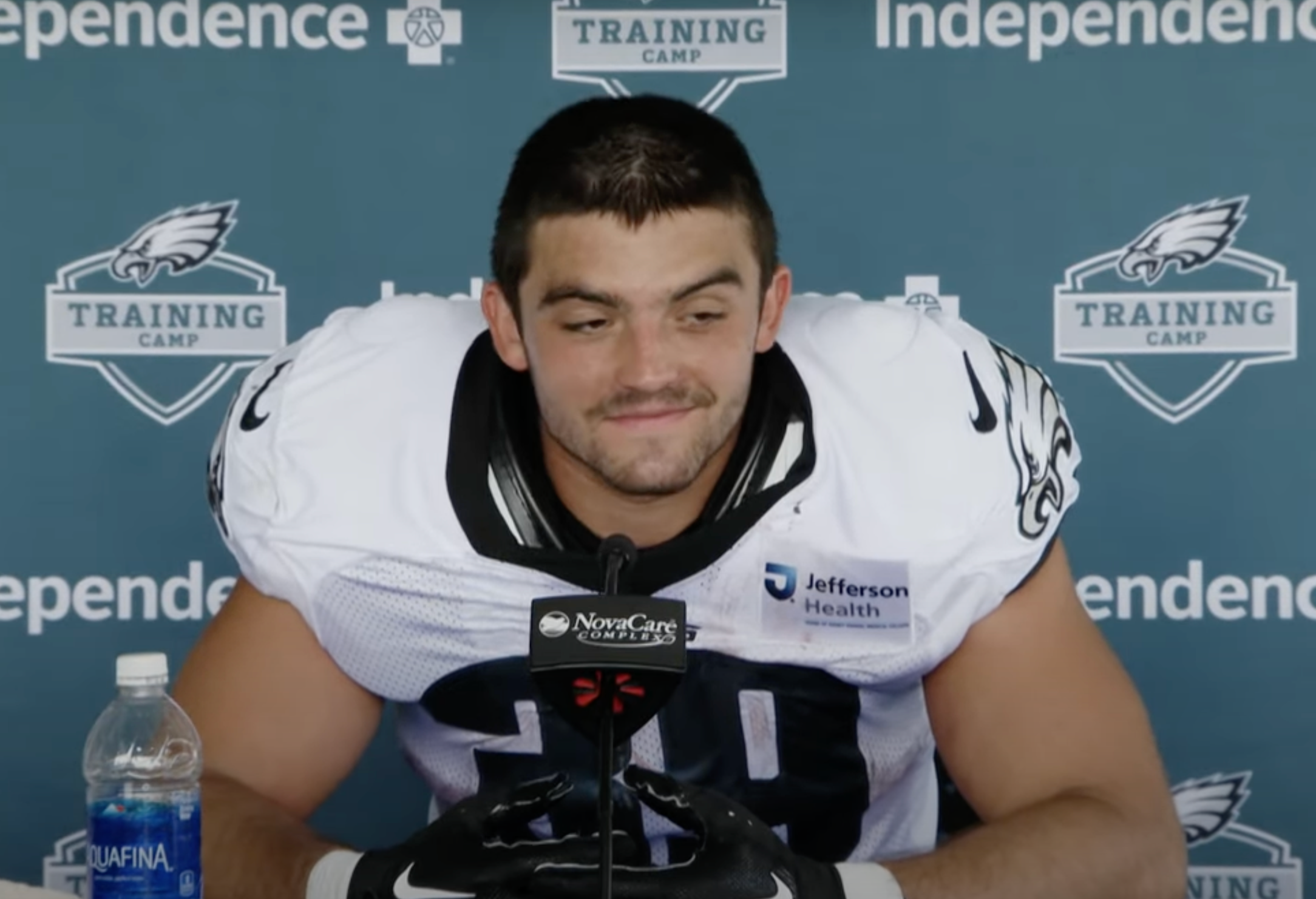 Philadelphia Eagles running back Will Shipley speaks during NFL training camp.