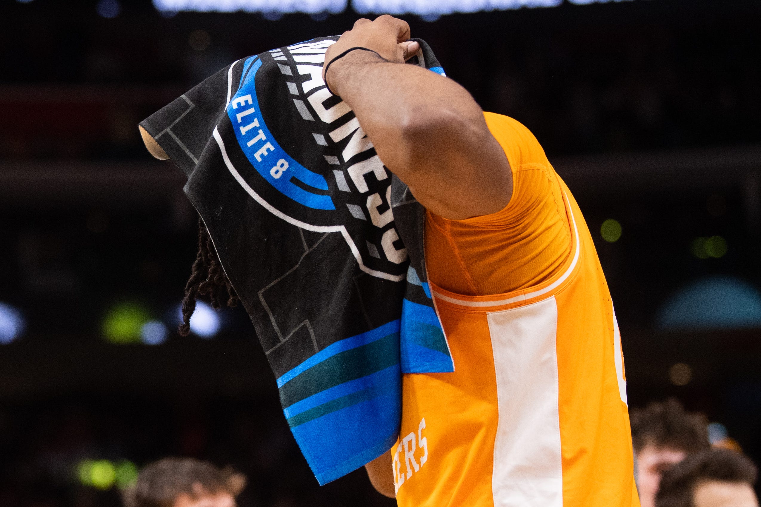 Tennessee forward Jonas Aidoo (0) walks off the court after a NCAA Tournament Elite Eight game between Tennessee and Purdue held at Little Caesars Arena in Detroit on Sunday, March 31, 2024.