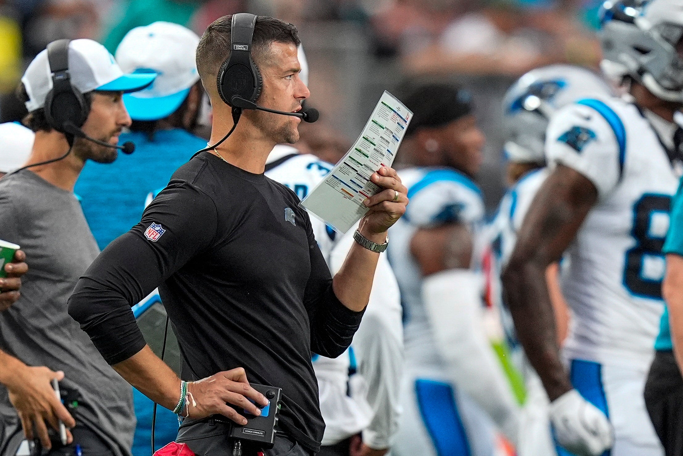 Aug 17, 2024; Charlotte, North Carolina, USA; Carolina Panthers head coach Dave Canales during the first quarter against the New York Jets at Bank of America Stadium. Mandatory Credit: Jim Dedmon-USA TODAY Sports