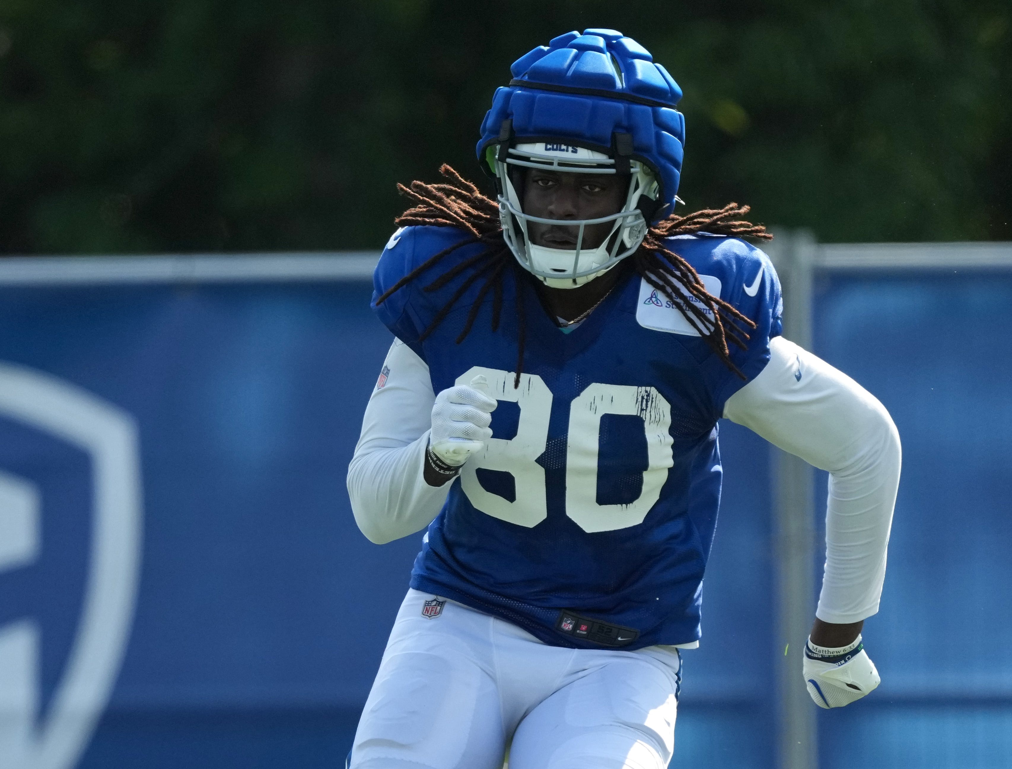 Indianapolis Colts tight end Jelani Woods (80) runs during training camp Tuesday, July 30, 2024, at Grand Park Sports Complex in Westfield.