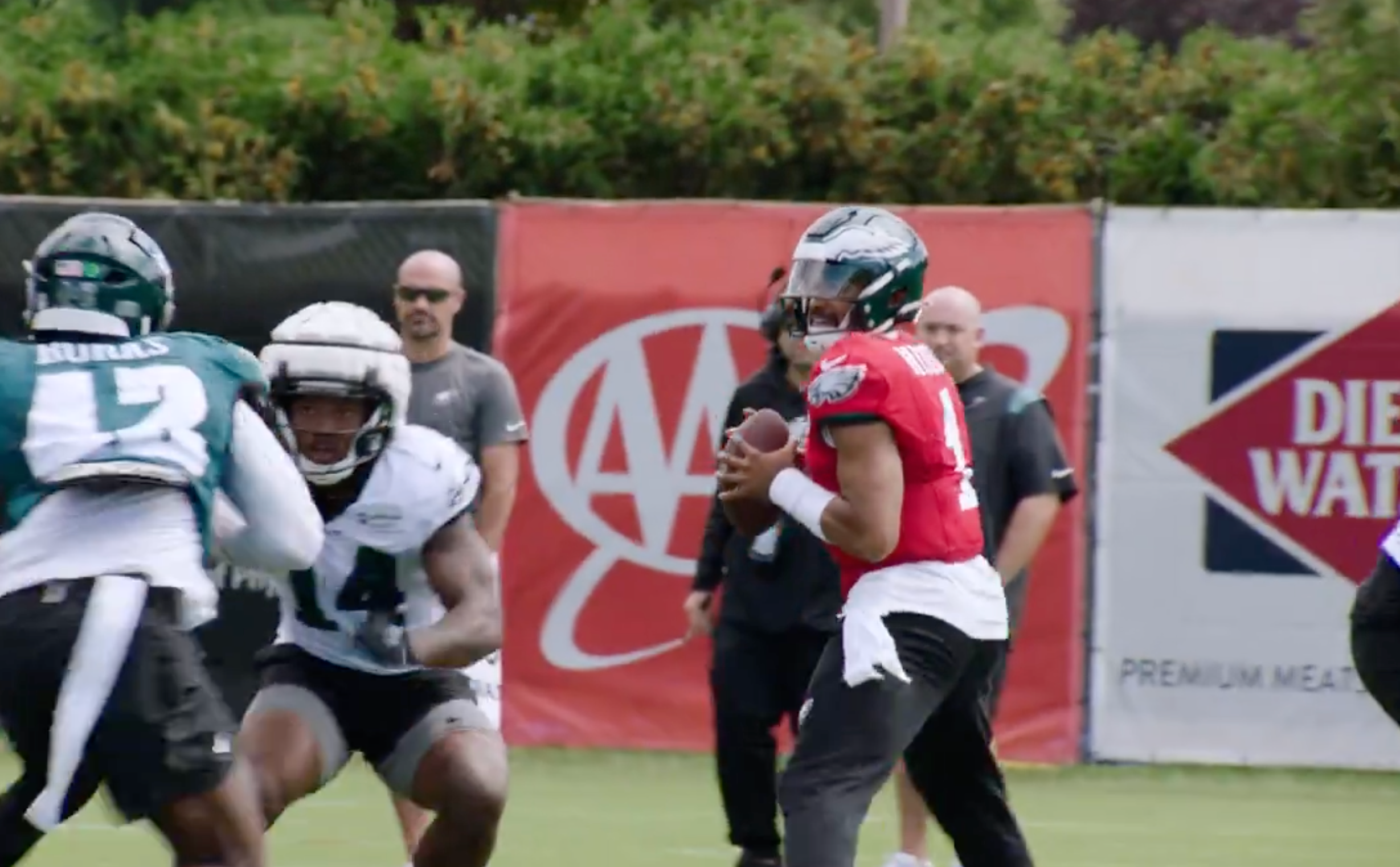 Jalen Hurts launches a perfect deep ball to AJ Brown at training camp.