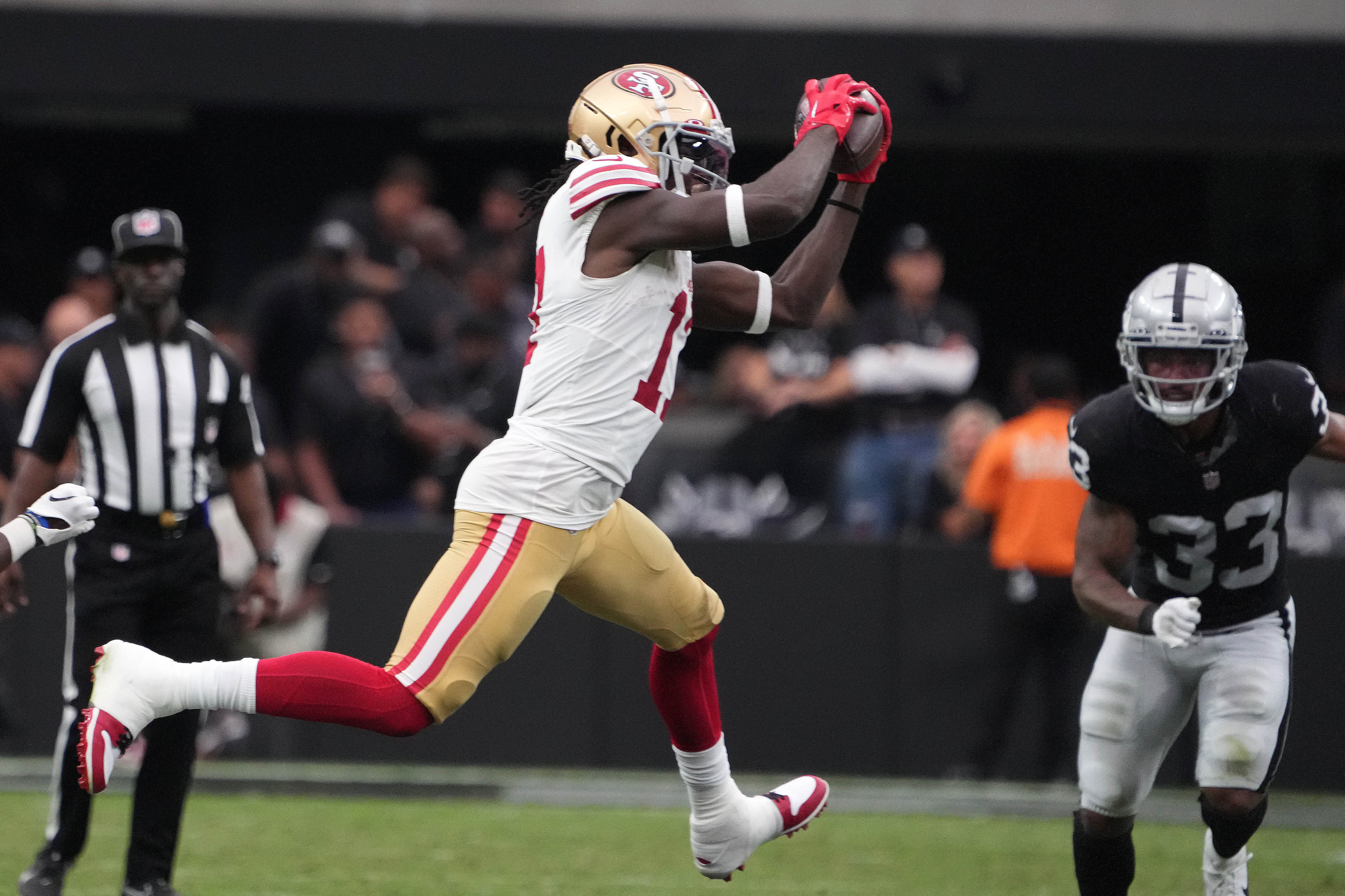 Aug 13, 2023; Paradise, Nevada, USA; San Francisco 49ers wide receiver Chris Conley (17) catches the ball against the Las Vegas Raiders in the first half at Allegiant Stadium.