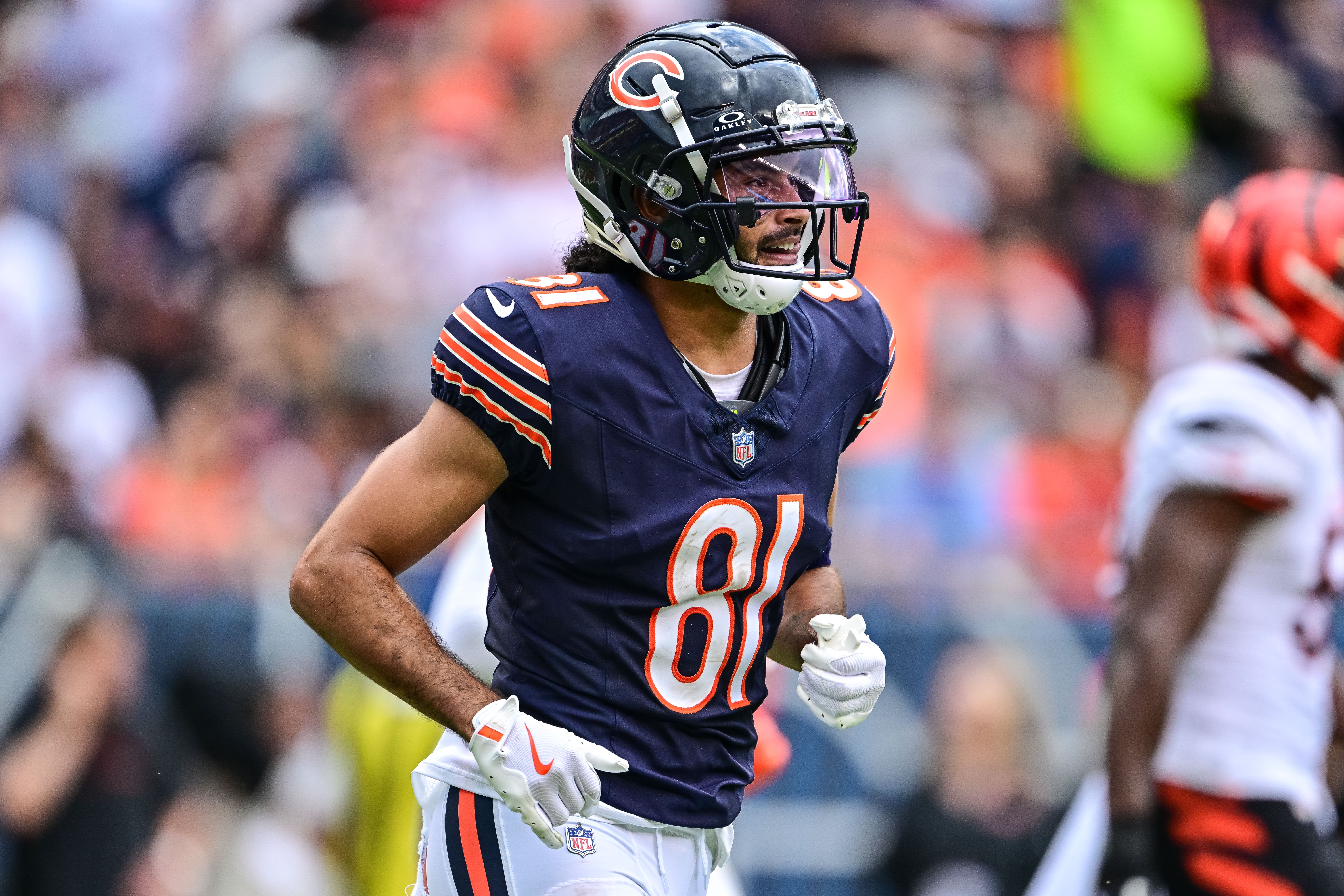 Aug 17, 2024; Chicago, Illinois, USA; Chicago Bears wide receiver Dante Pettis (81) after his second touchdown reception against the Cincinnati Bengals during the third quarter at Soldier Field.