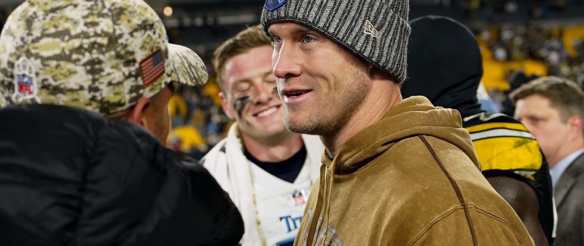 Tennessee Titans quarterback Ryan Tannehill speaks with others on the field after losing to the Pittsburgh Steelers in Pittsburgh, Pa., Thursday, Nov. 2, 2023.
